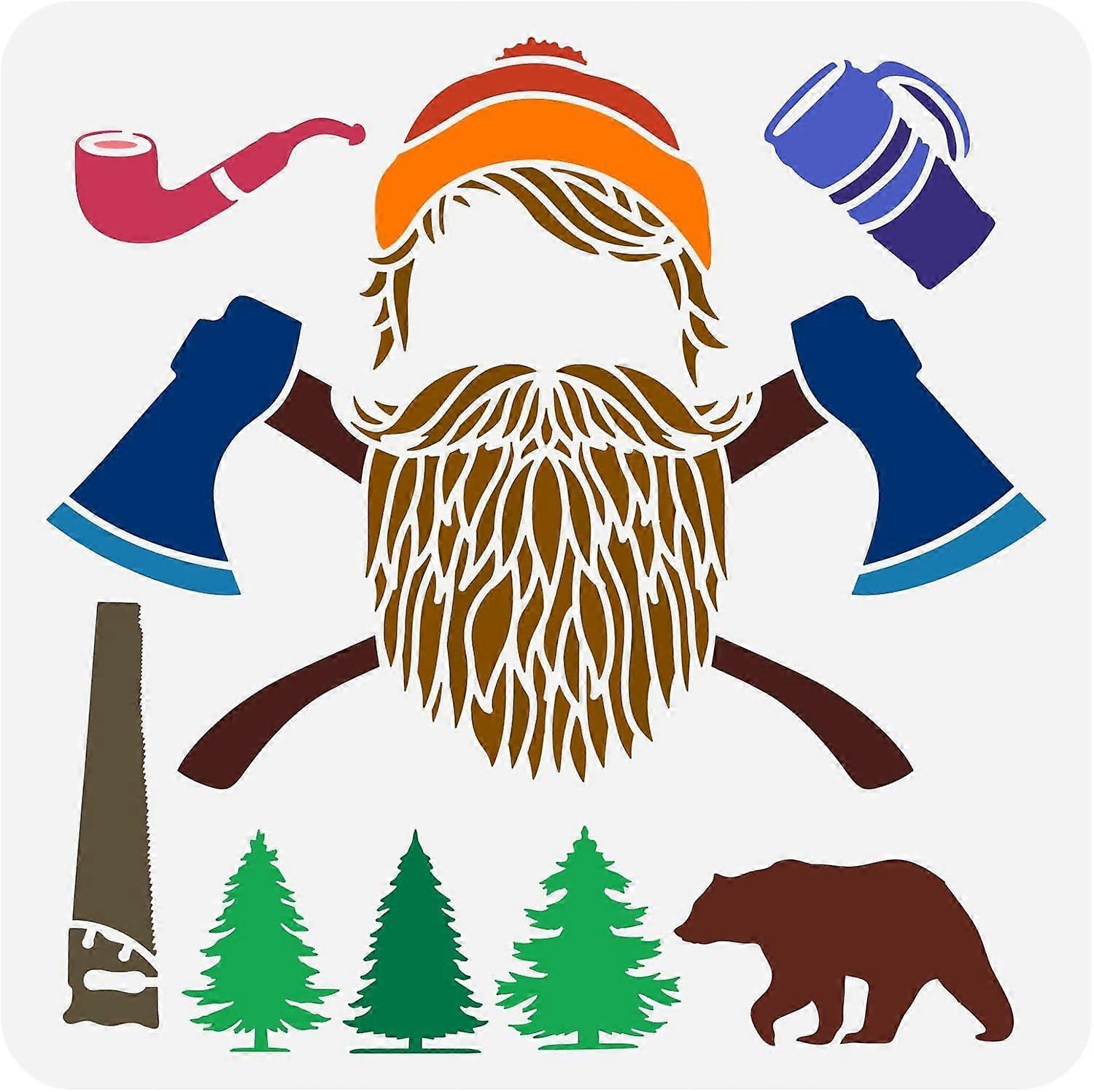 Lumberjack Painting Stencil 11.8x11.8 inch Forest Theme Stencil Plastic Bear Pine Tree Lumberjack Saw Patterns Stencil Drawing Template Reusable DIY A