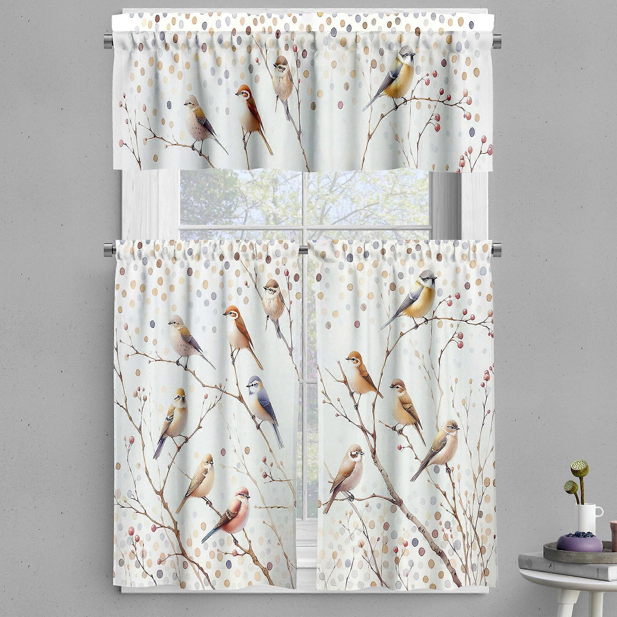 Ambesonne Bird Print Valance & Curtain 3 Pcs Set, Fall Branches Polka Dots, 55"x36", Pastel Brown Purpleblue