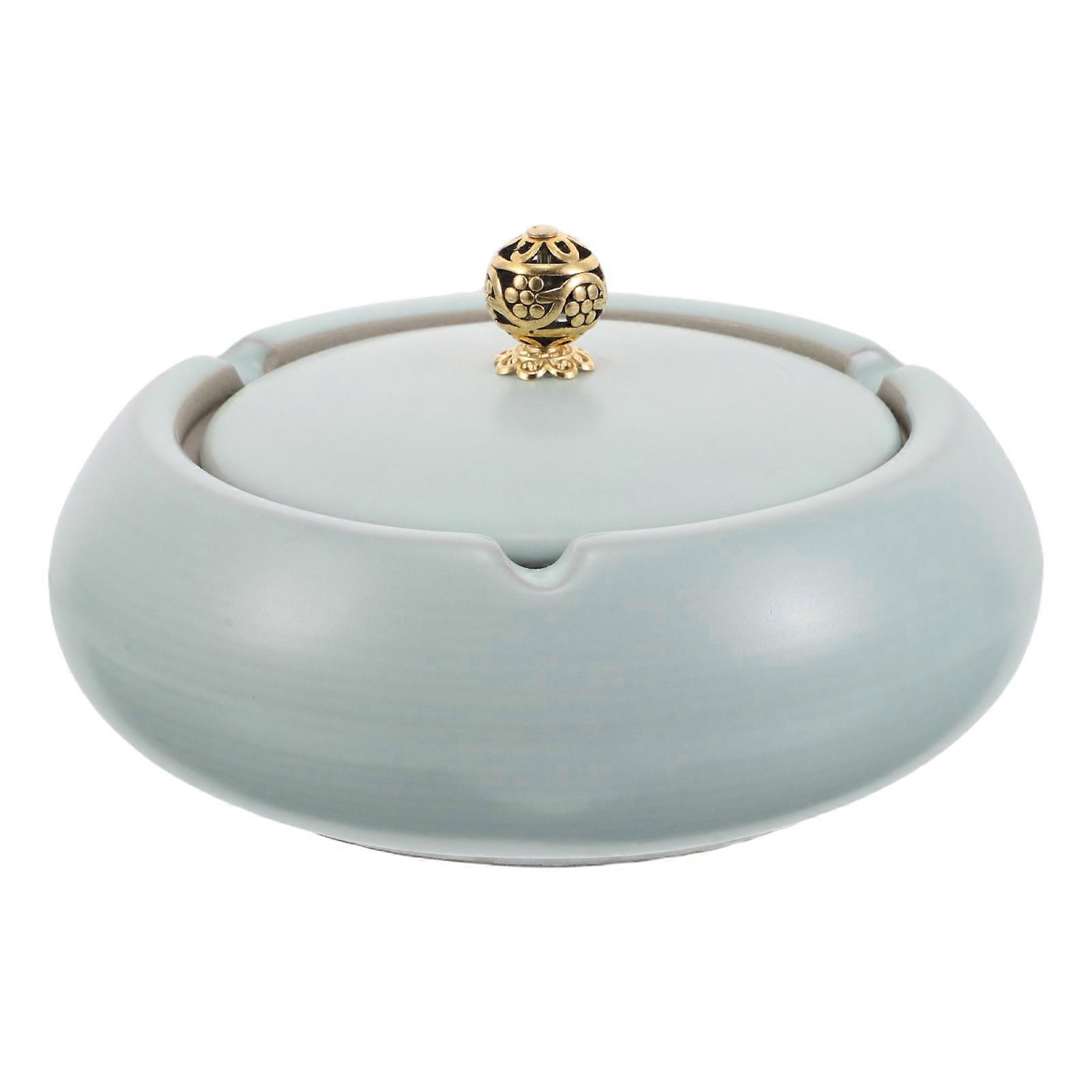 Blue Ceramic Ashtray with Lid for Cigarettes Windproof Indoor Use