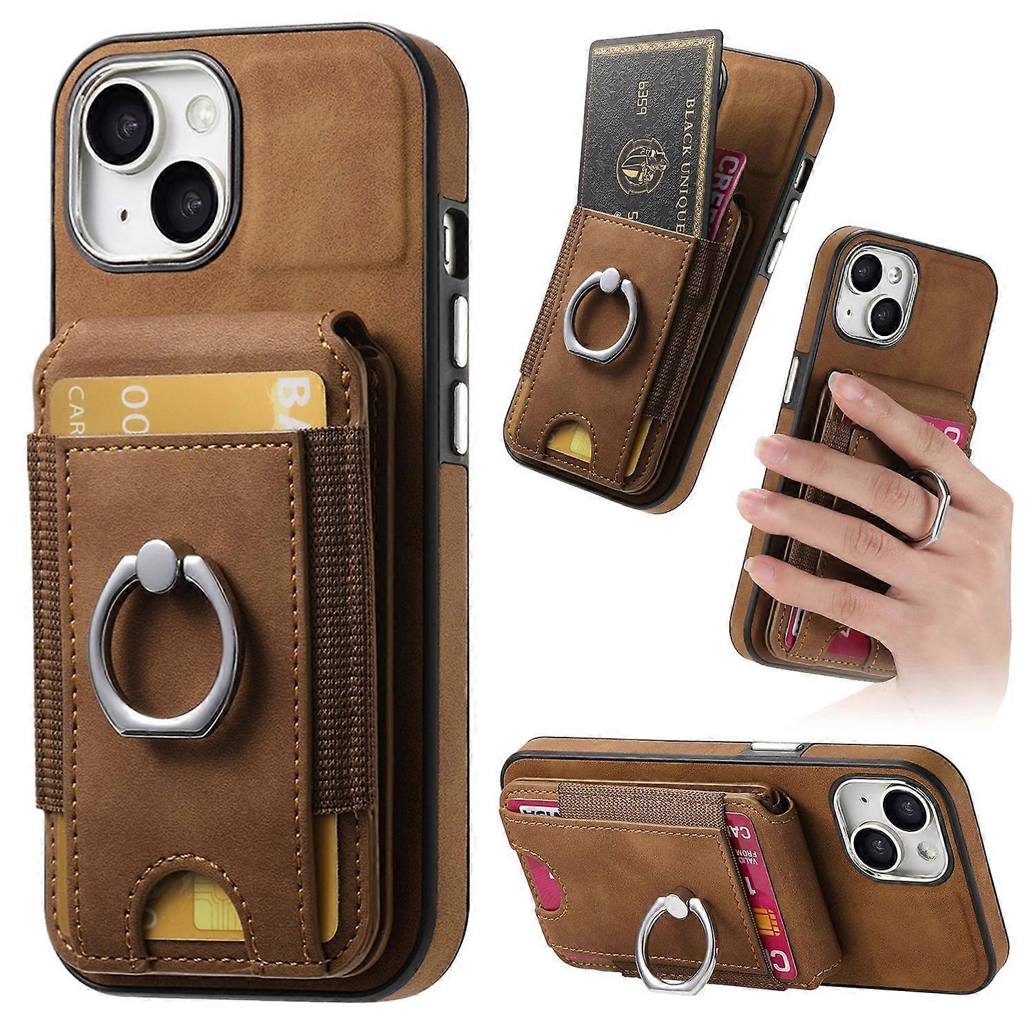 Case For Iphone 13 Brown Electroplating Hovering Multi-angle Bracket Card Holder Leather Insertion No3413