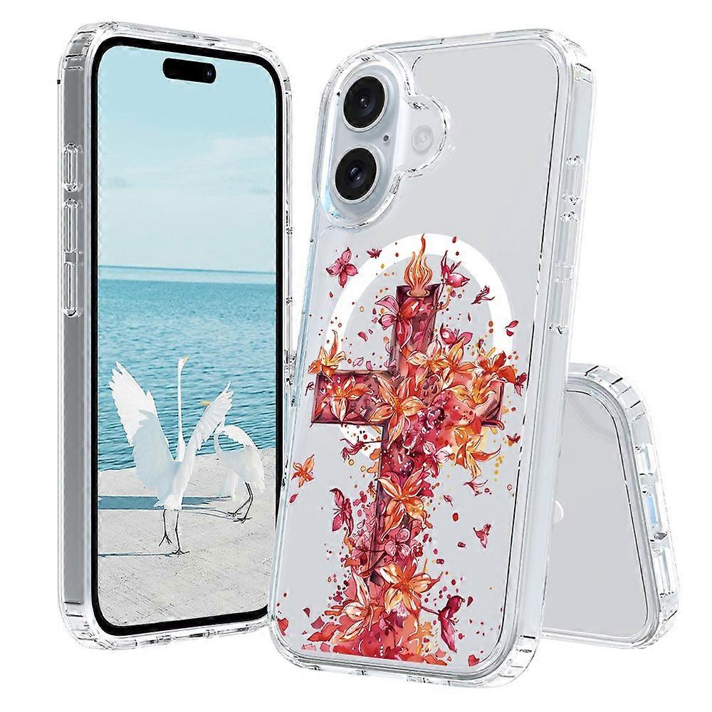 For iPhone 16 Plus Case Compatible with MagSafe Flower Pattern Printing TPU+PC Phone Cover