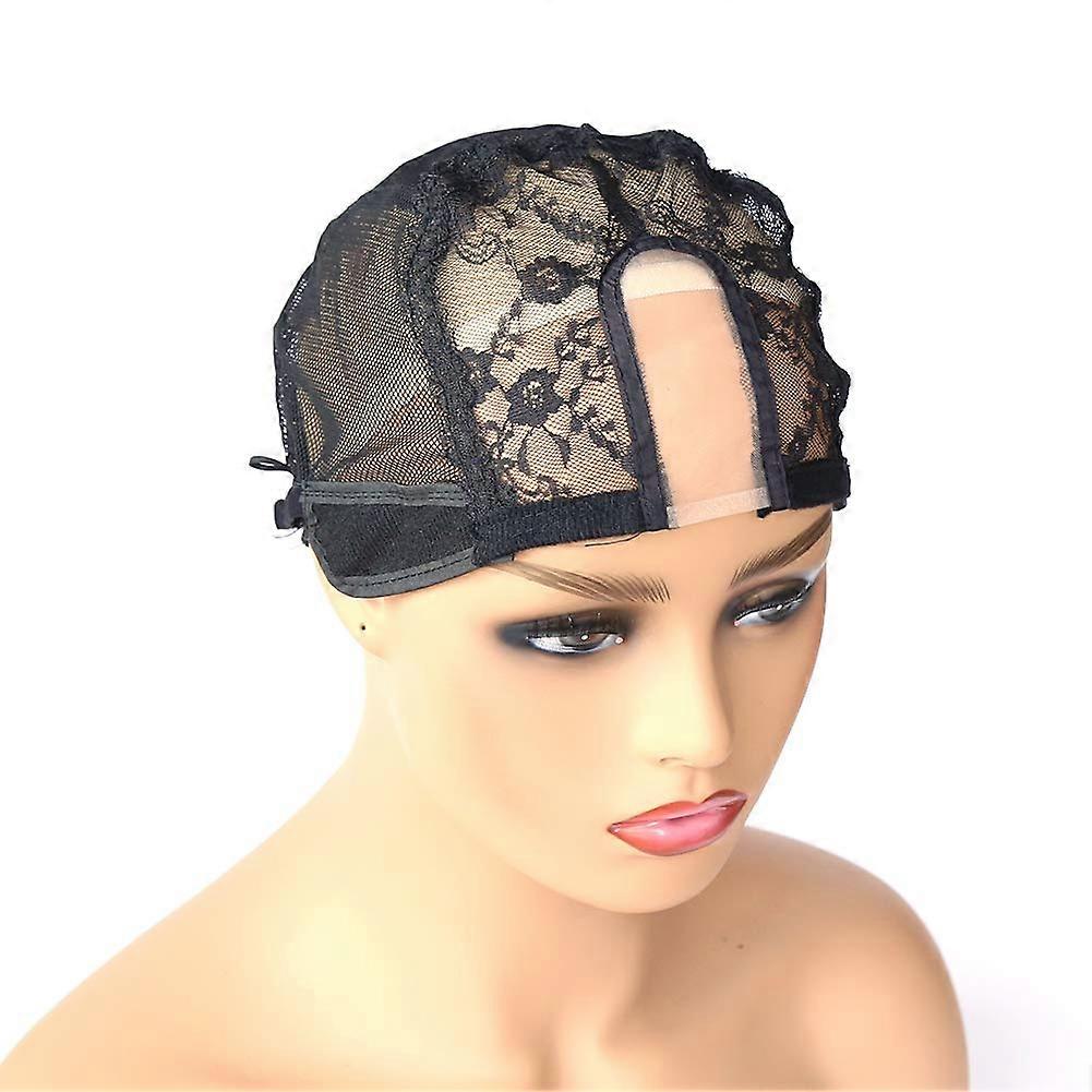 Medium Dome Mesh U Part Wig Cap with MONO Lace Adjustable Strap Black for DIY Wig Making
