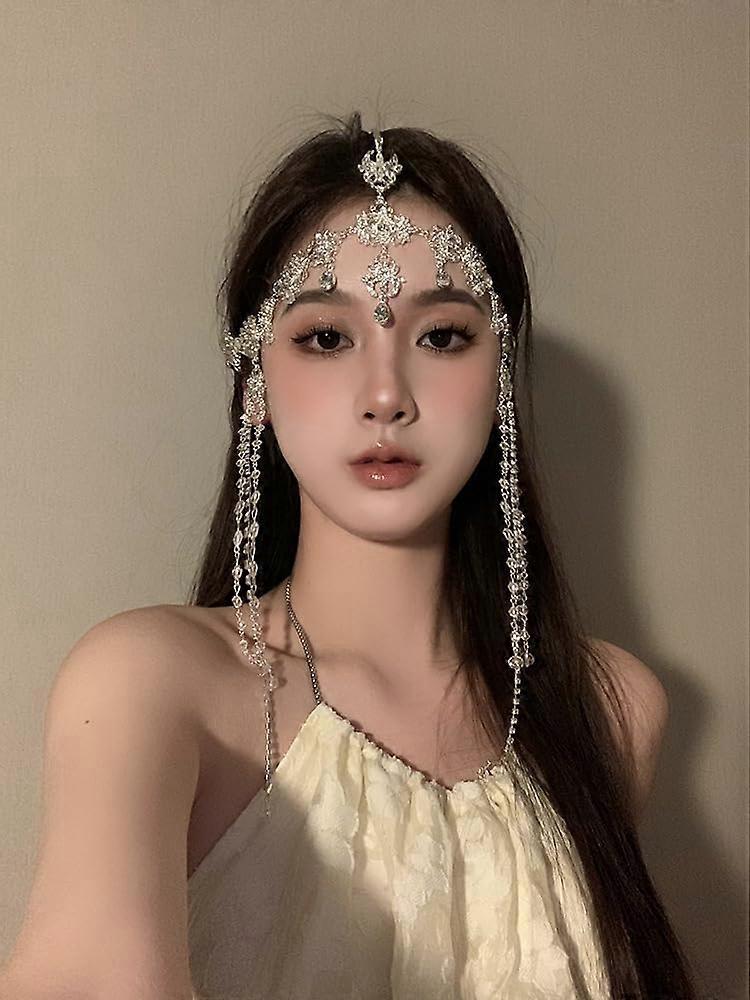 Bridal Head Chain with Layered Rhinestones Boho Silver Forehead Tassel Headpiece for Wedding
