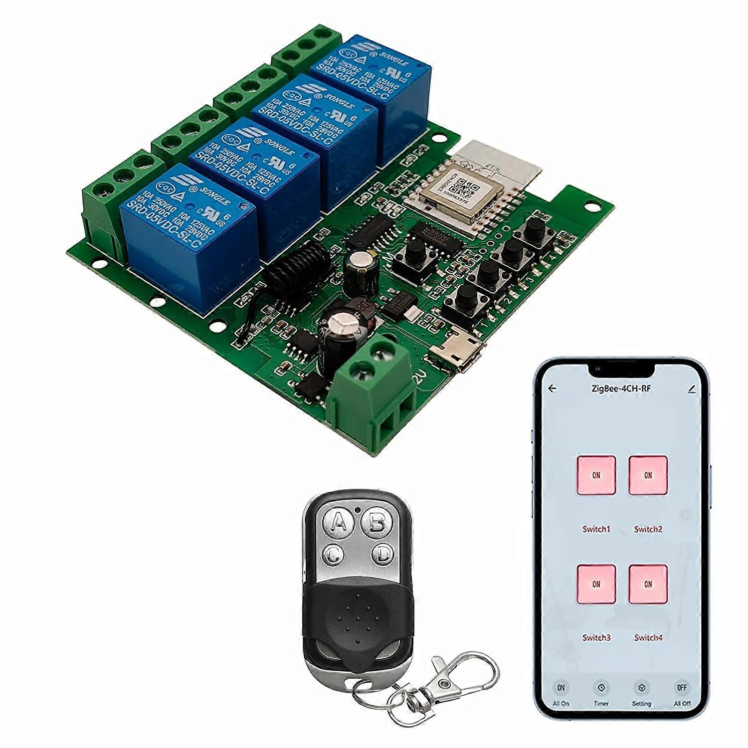 Zigbee Smart Relay 4 Channel Zigbee Switch with RF Remote Voice Control Compatible with Alexa Google Home