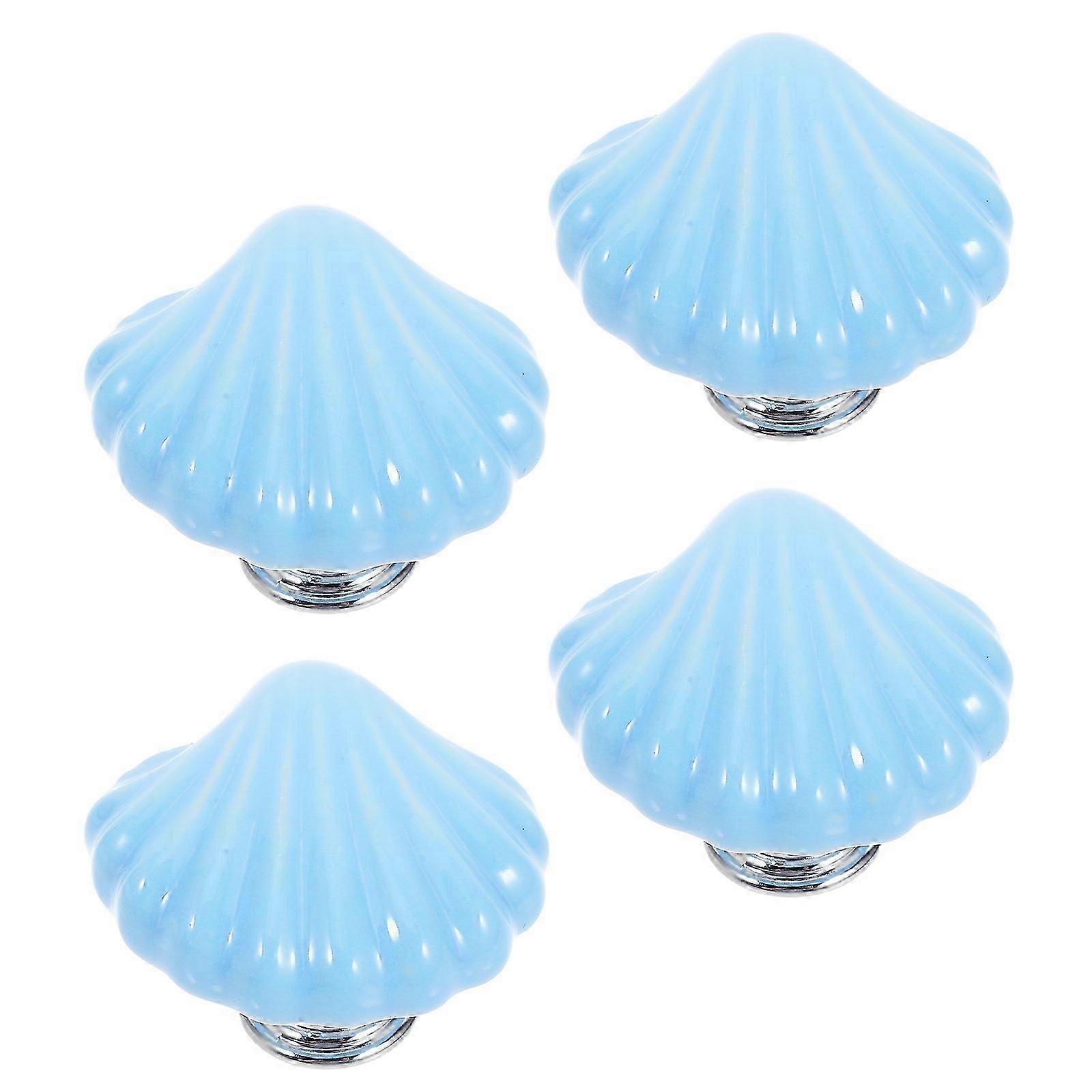 Blue Ceramic Shell Knobs Pull Handle for Cabinet Drawer 4Pcs Sea Style Unique