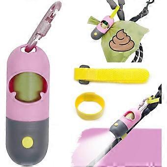 Dog Poop Bags Holder with LED Flashlight and Leash Clasp Pet Waste Bags Dispenser with 15 Green Poo Trash Bags and Fastener for Hands-free Used Bags (