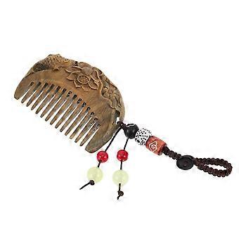 Sandelholz Haarkamm Mini: Taschenkamm mit geschnitztem Lotus- und Fischmuster - Tragbare Mini Reise Haarbürste Vintage - Schlüsselanhänger Ornament