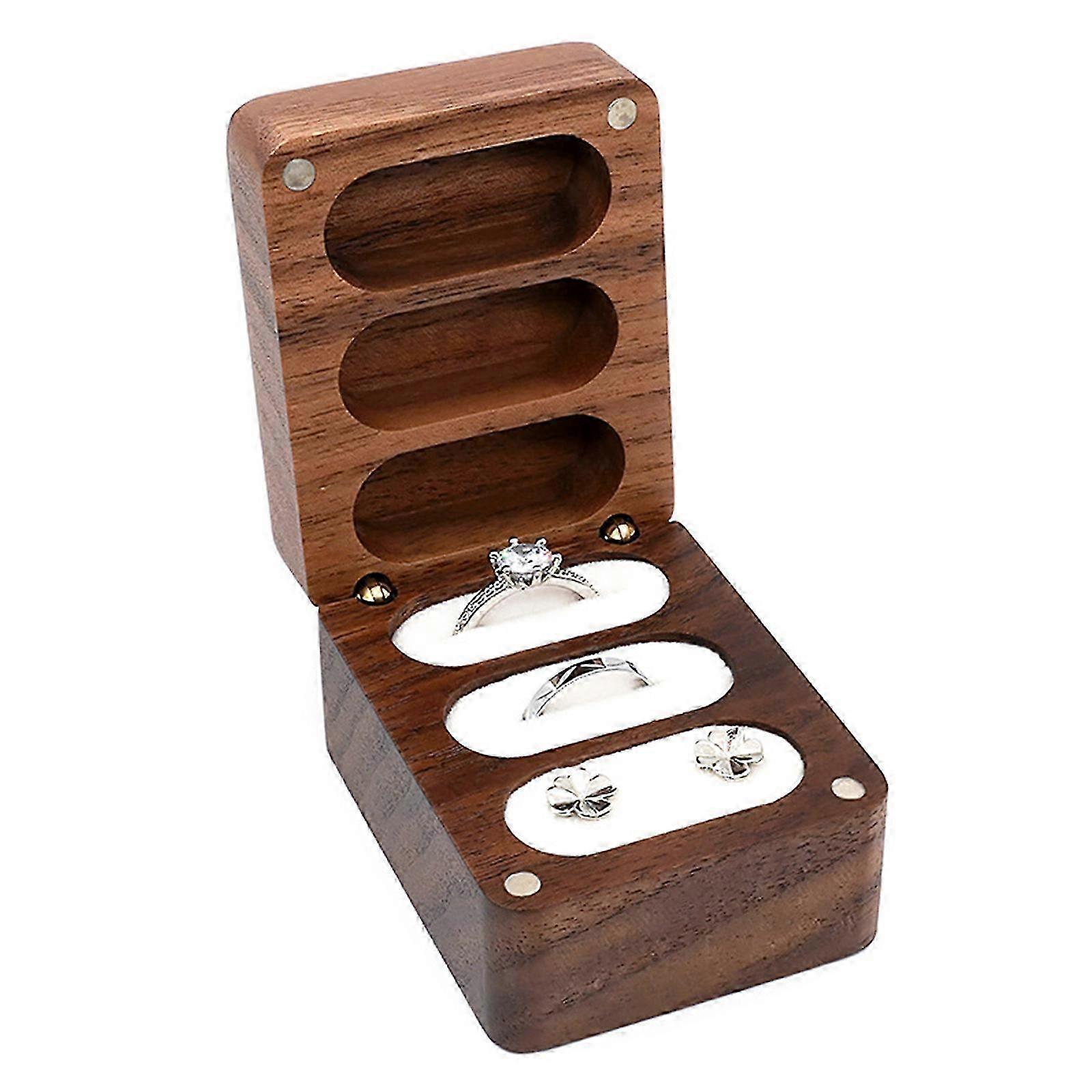 Elegant Walnut Ring Box Compact Velvet Lined