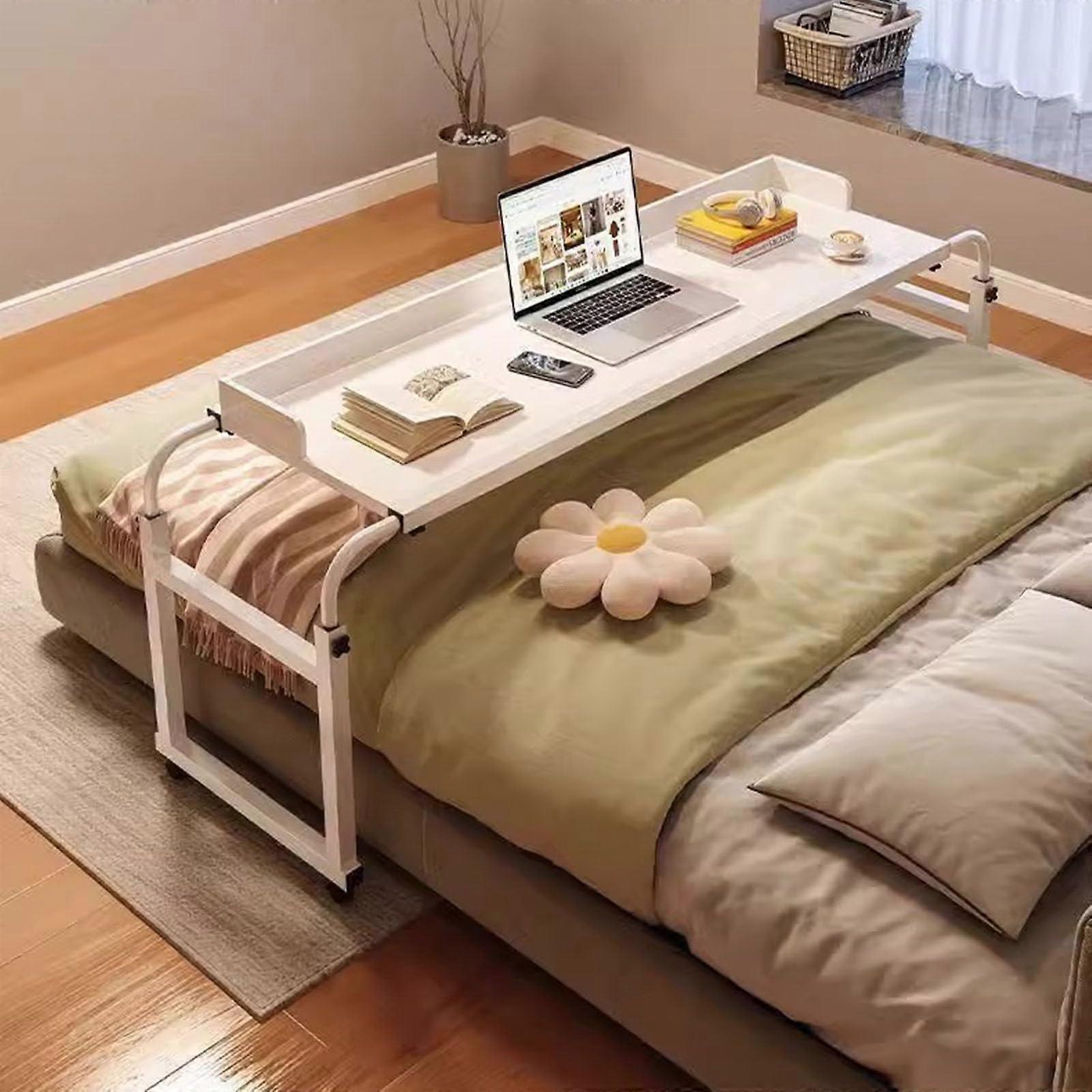 Over Bed Table Adjustable Width Laptop Desk with Lockable Wheels Height Adjustable Frame White