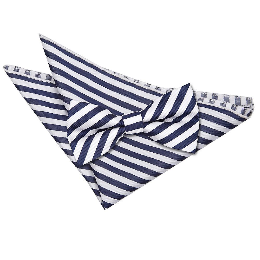 White and Navy Blue Thin Stripe Bow Tie and Pocket Square Set