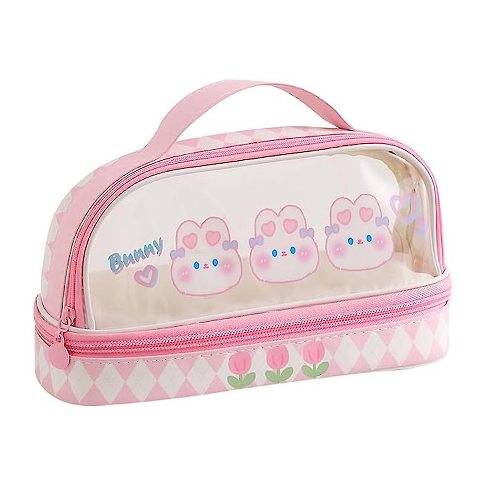 Double Layer Transparent Cartoon Pen Case with Handle Durable Pen Pouch Storage Bag for Adult Children
