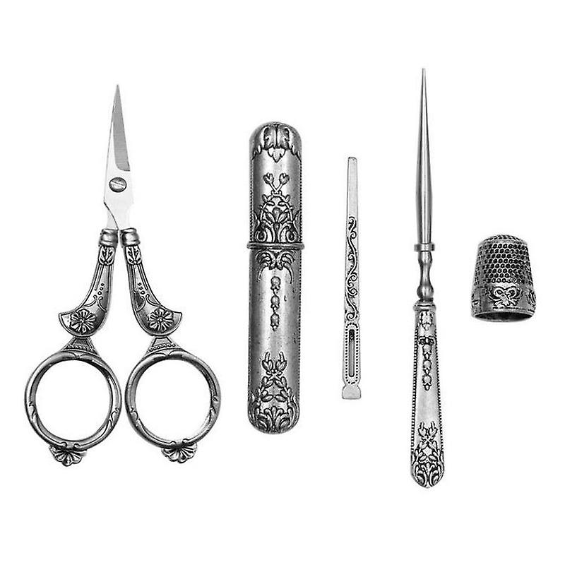 5Pcs/set Vintage Embroidery Scissor Sewing Thimble Needle Case Needlework Tools