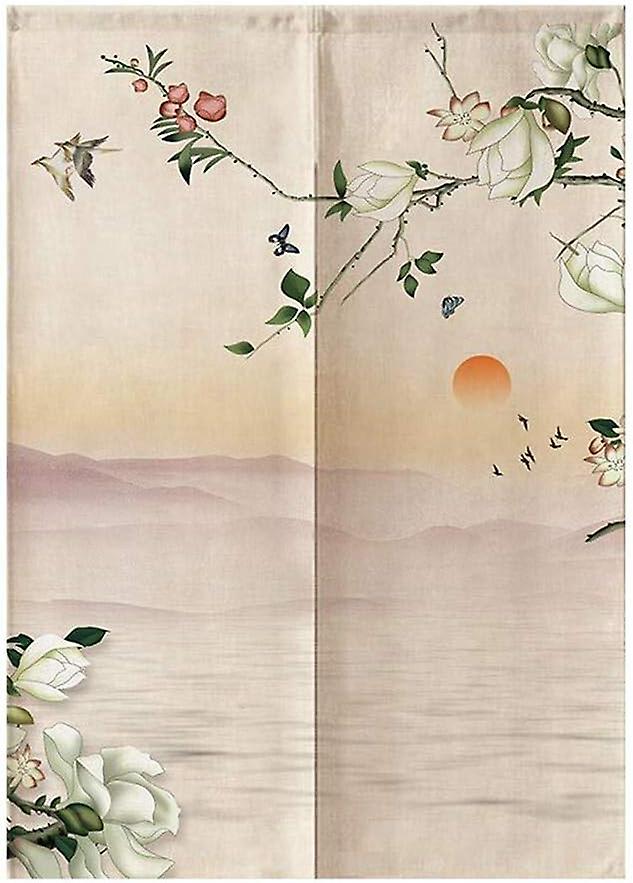 Cortina de Entrada Noren Tapeçaria (Pássaro de Flor e Nascer do Sol, 33,5 Polegadas x 59 Polegadas)