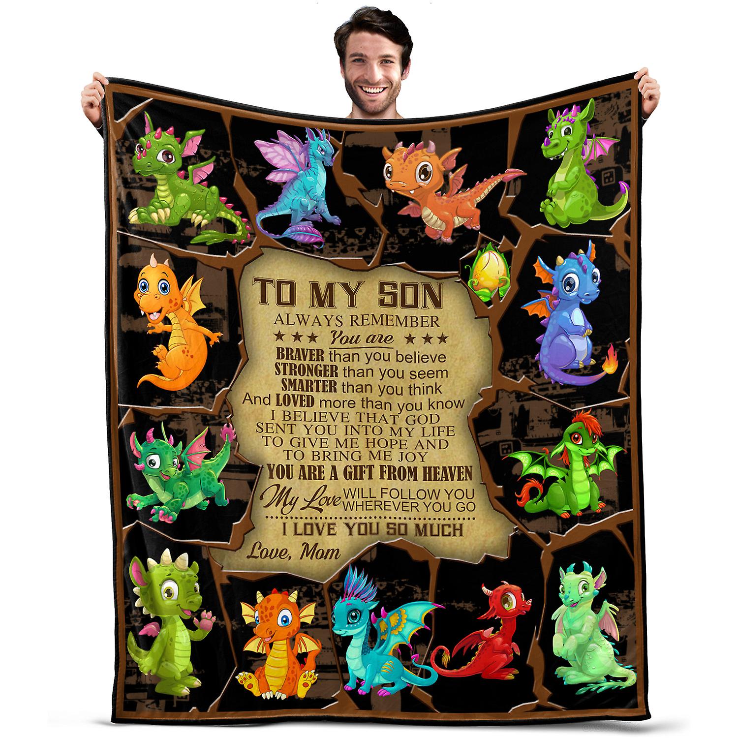 Oasisdream Throw Blanket To My Son for Sofa, Office, Outdoor Use, Birthday Gift for Him with Dinosaur Print