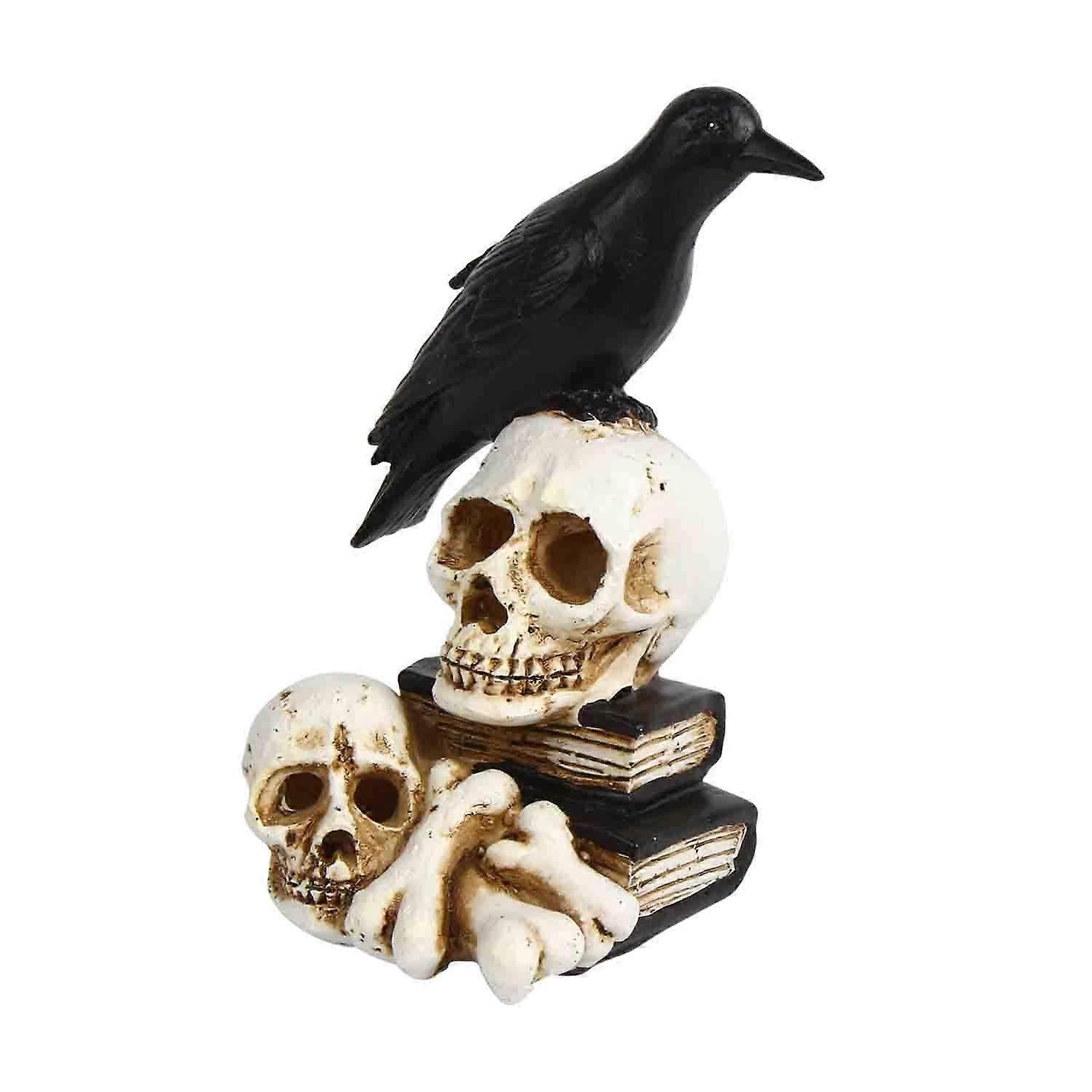 Raven on Skull Halloween Decorations with LED Lights, Crow Perching On Skeleton Figurine, Glowing Statue for Halloween Party Home Decor