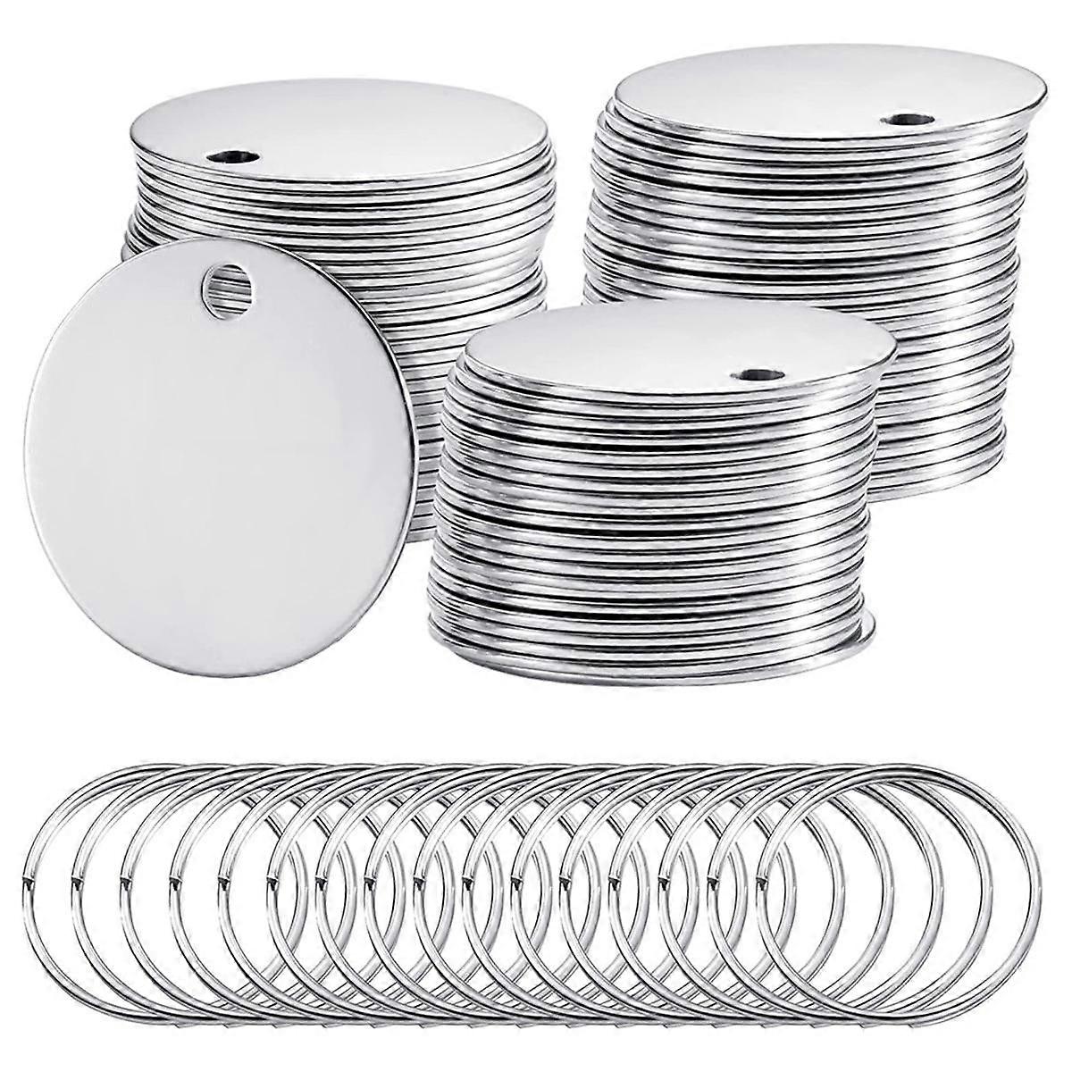 Confezione da 100 Rotonde Stamping Blanks Etichette in acciaio inossidabile vuote con foro Etichette per cani in bianco Etichette in metallo lucido