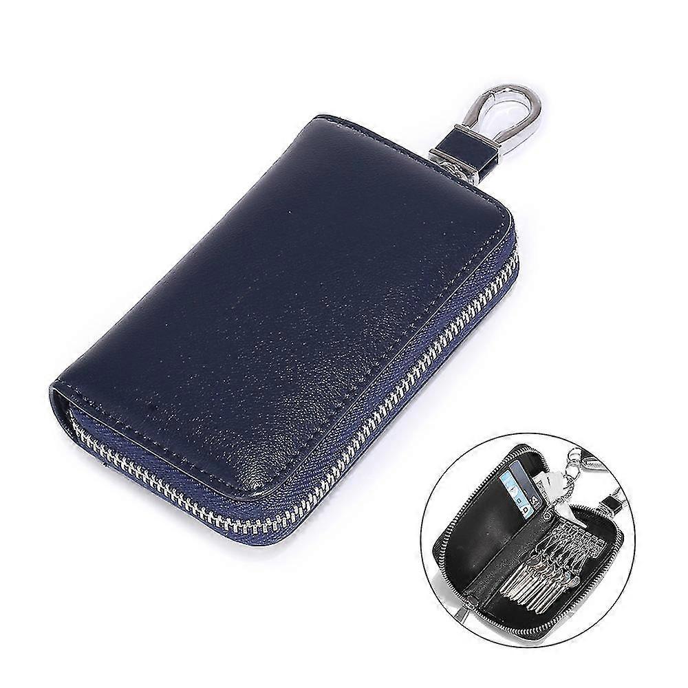 Leather Car Key Case Car Key Chain Protective Cover Zipper Bag, Multifunctional Home Key Case, Blue