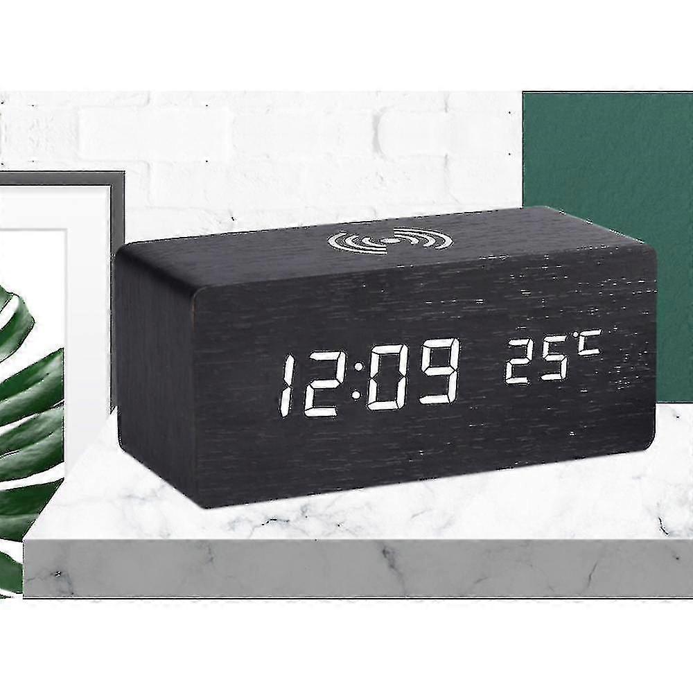 Wooden Digital Alarm Clock Wireless Charging With Date Temperature Humidity