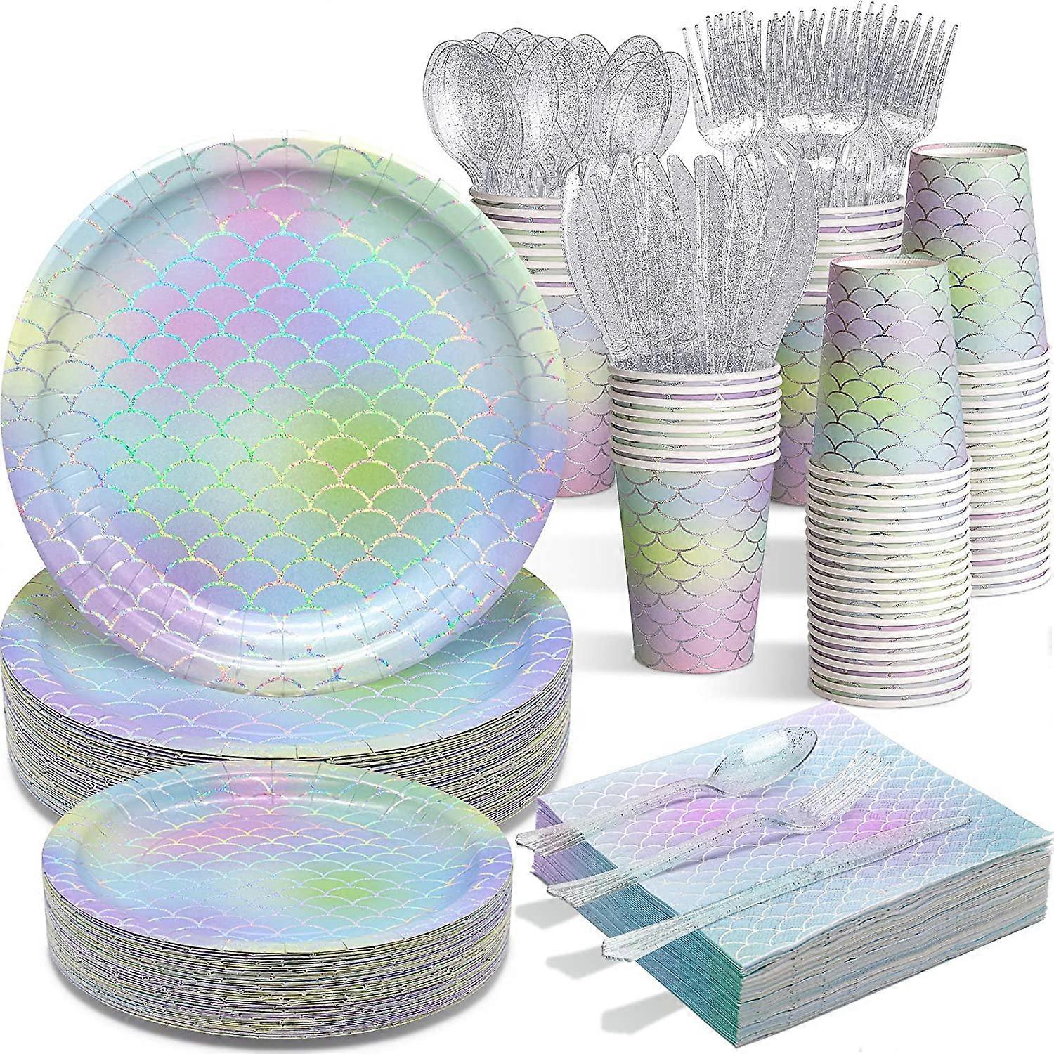 Mermaid Party Supplies - 336 PCS Disposable Dinnerware Set