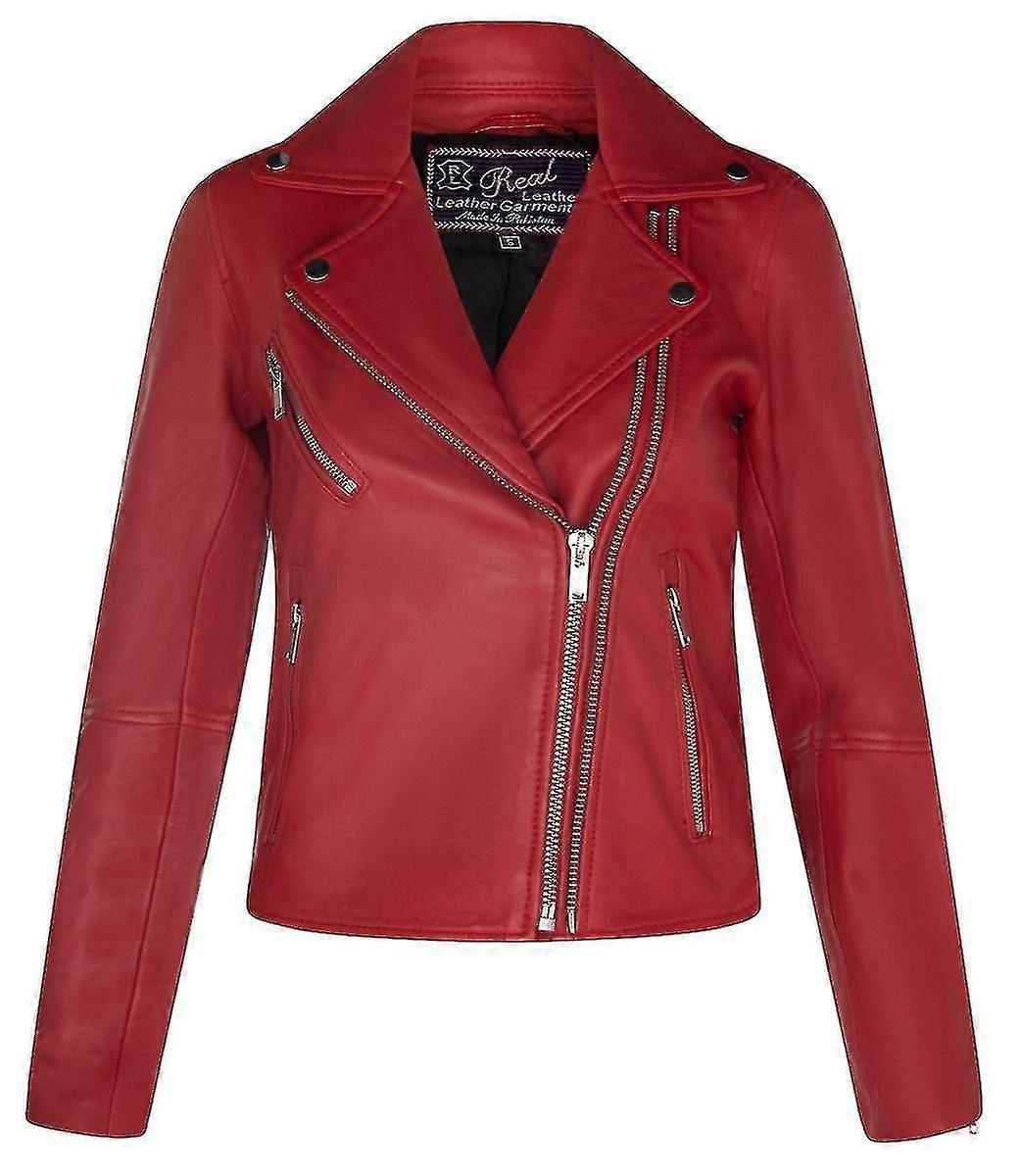 Ladies Classic Biker Style Piros Valódi Bőrkabát
