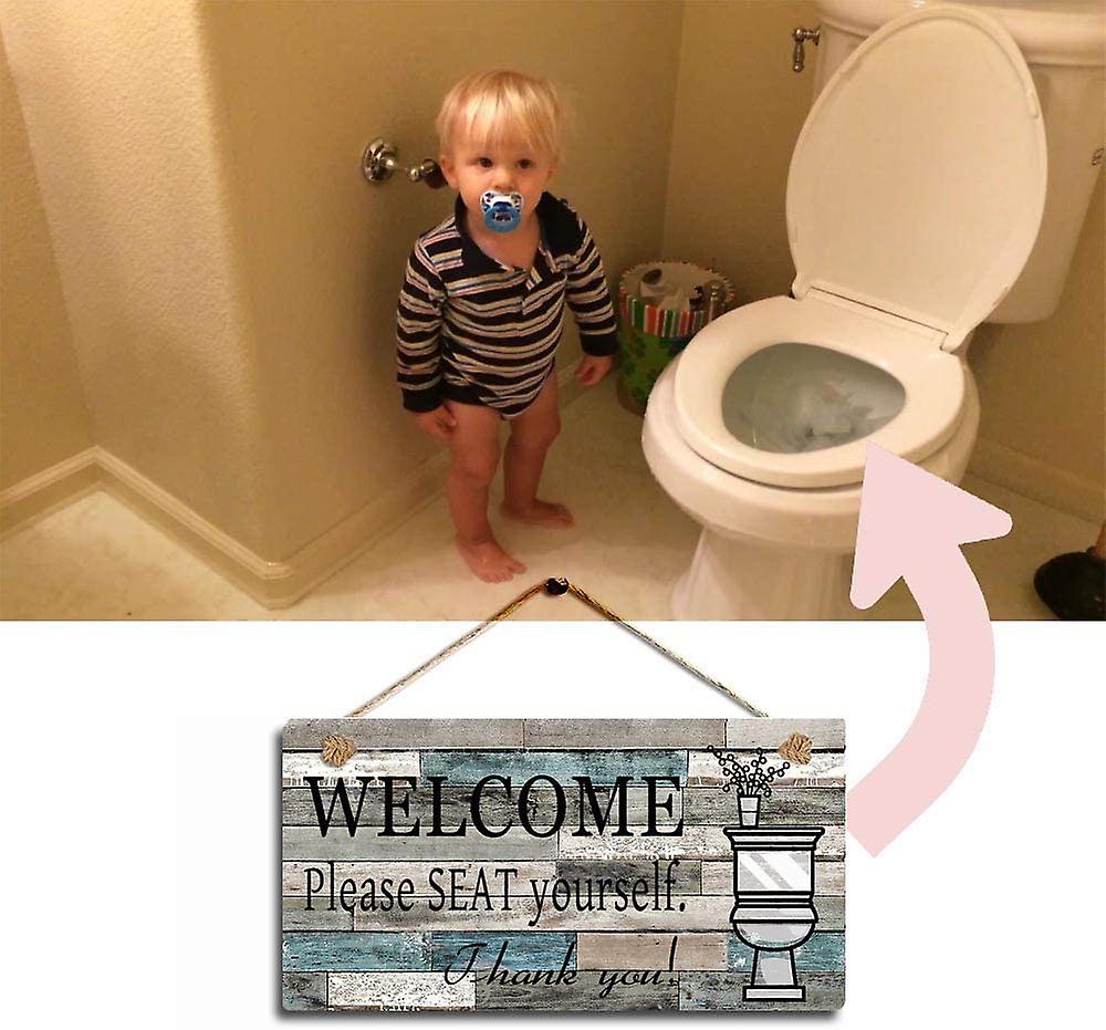 Panneau Mural En Bois “Veuillez Vous Asseoir” – Écriture Bleu-Noir, Imitation Bois, Idée Déco Salle De Bain