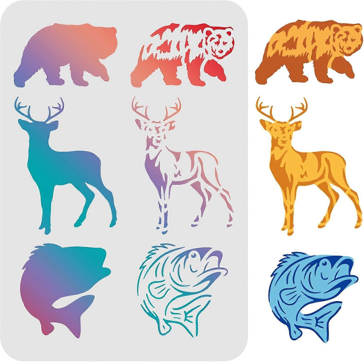 Animal Stencil Templates 11.6x8.3 inch Bear Deer Fish Plastic Stencils Decoration Reusable Stencils Craft Drawing Template for Greeting Card Scrapbook