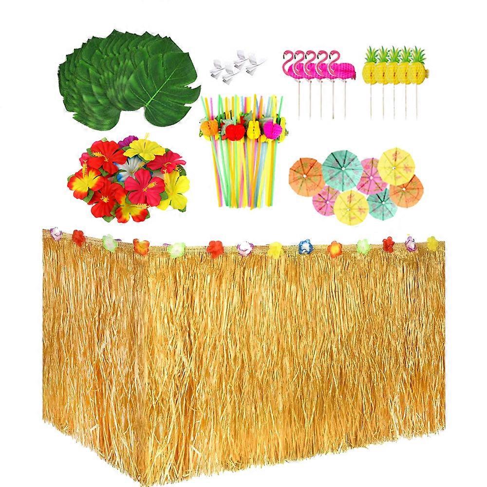 83Pcs Hawaiian Hibiscus Grass Table Skirt With Faux Silk Flowers straws and toothpicks table props