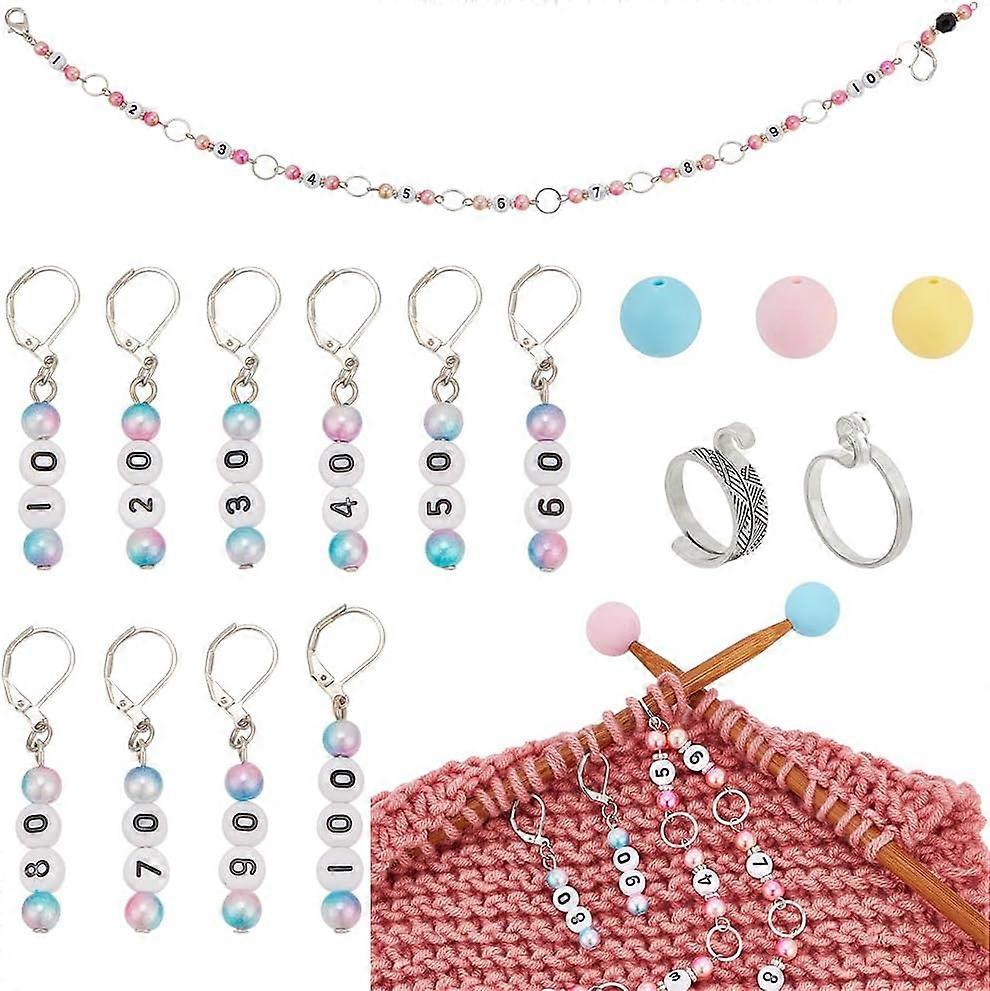 33 Pcs Knitting Accessories Kit Including Number 1-10 Knitting Row Counter Chain 20 Pcs Needle Stoppers 10 Pcs Number Bead Stitch Markers 2 Pcs Yarn G