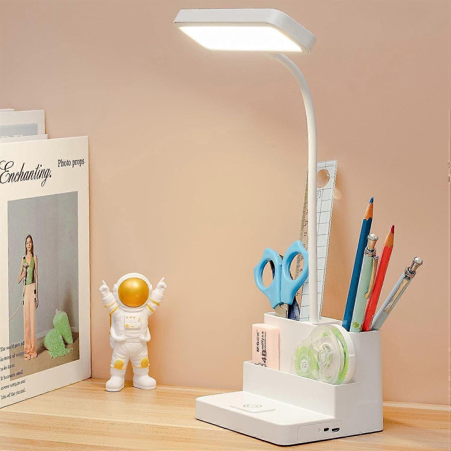 Small LED Desk Lamp with Pen/Phone Holder, Rechargeable Desk Light with Flexible Gooseneck, 3 Color Modes, Stepless Dimming, Eye Caring, Small Study L