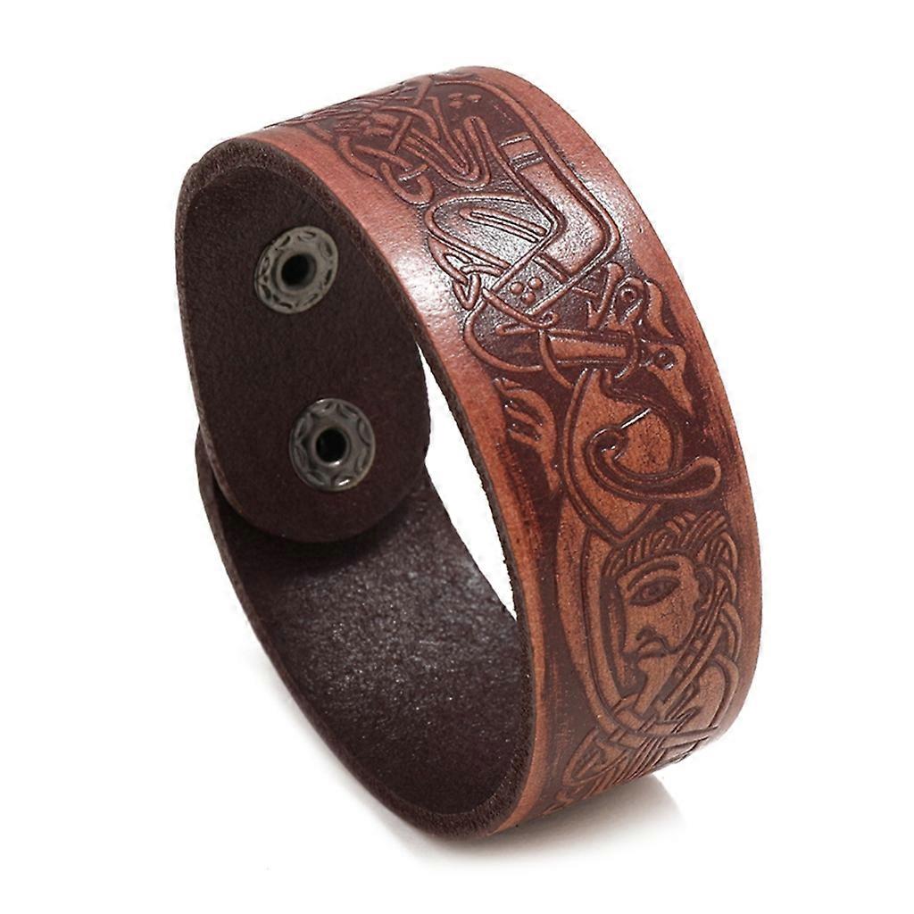 Retro Embossed Pattern Leather Bracelet Punk Style Men Cuff Adjustable Bracelets