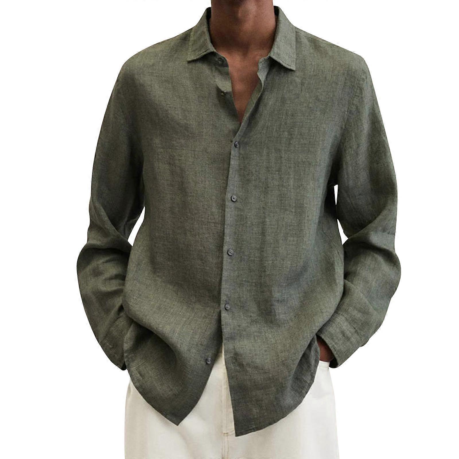 100% New Arrive Herre Langærmet bomuld Linned Kjole Skjorte Casual Solid Button-up Baggy Tops