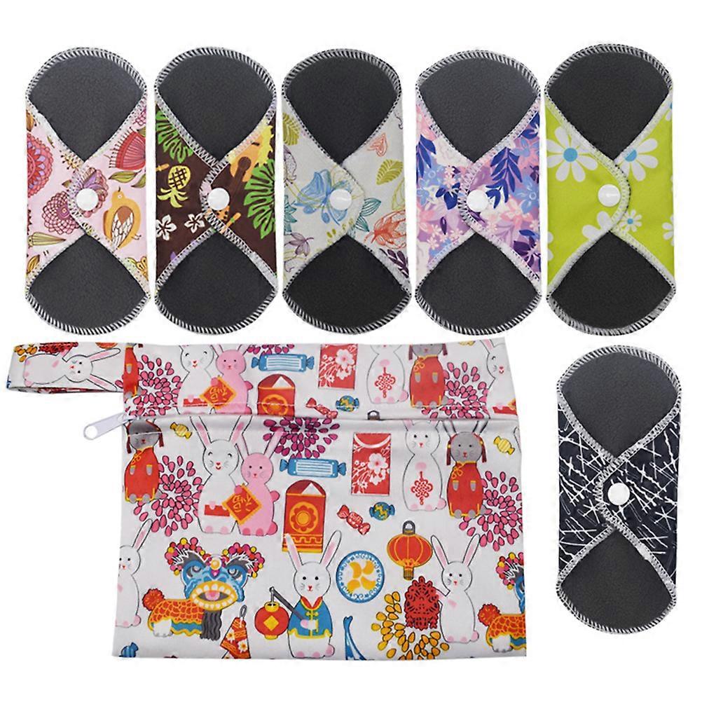 1 Set of 7PCS Reusable Menstrual Pads Washable Bamboo Charcoal Sanitary Pads Panty Liners (6PCS Menstrual Pads and 1PC Bag Random Pattern)