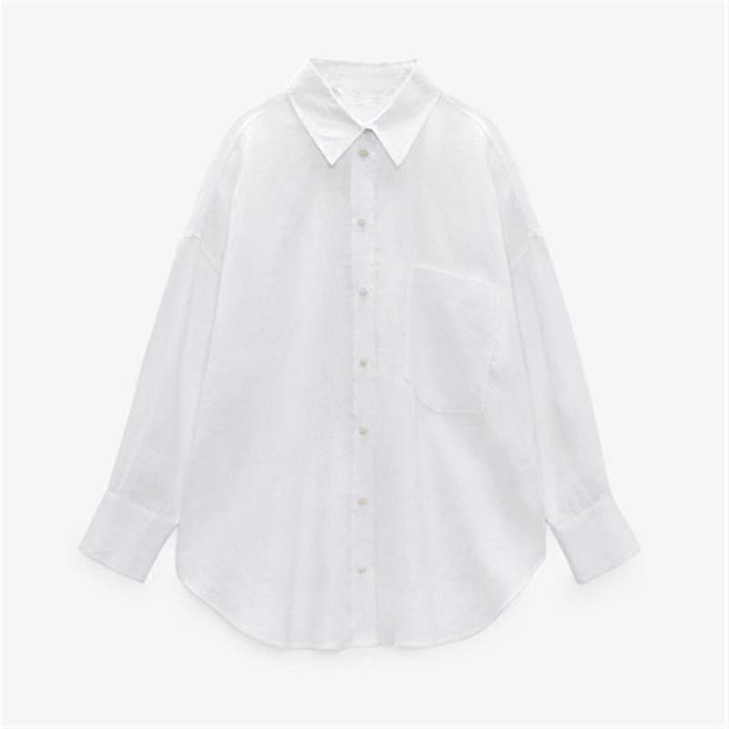 Women's Versatile Long Sleeve Lapel Front Patch Pockets Side Slit Hem Buttoned Closure Linen Shirt