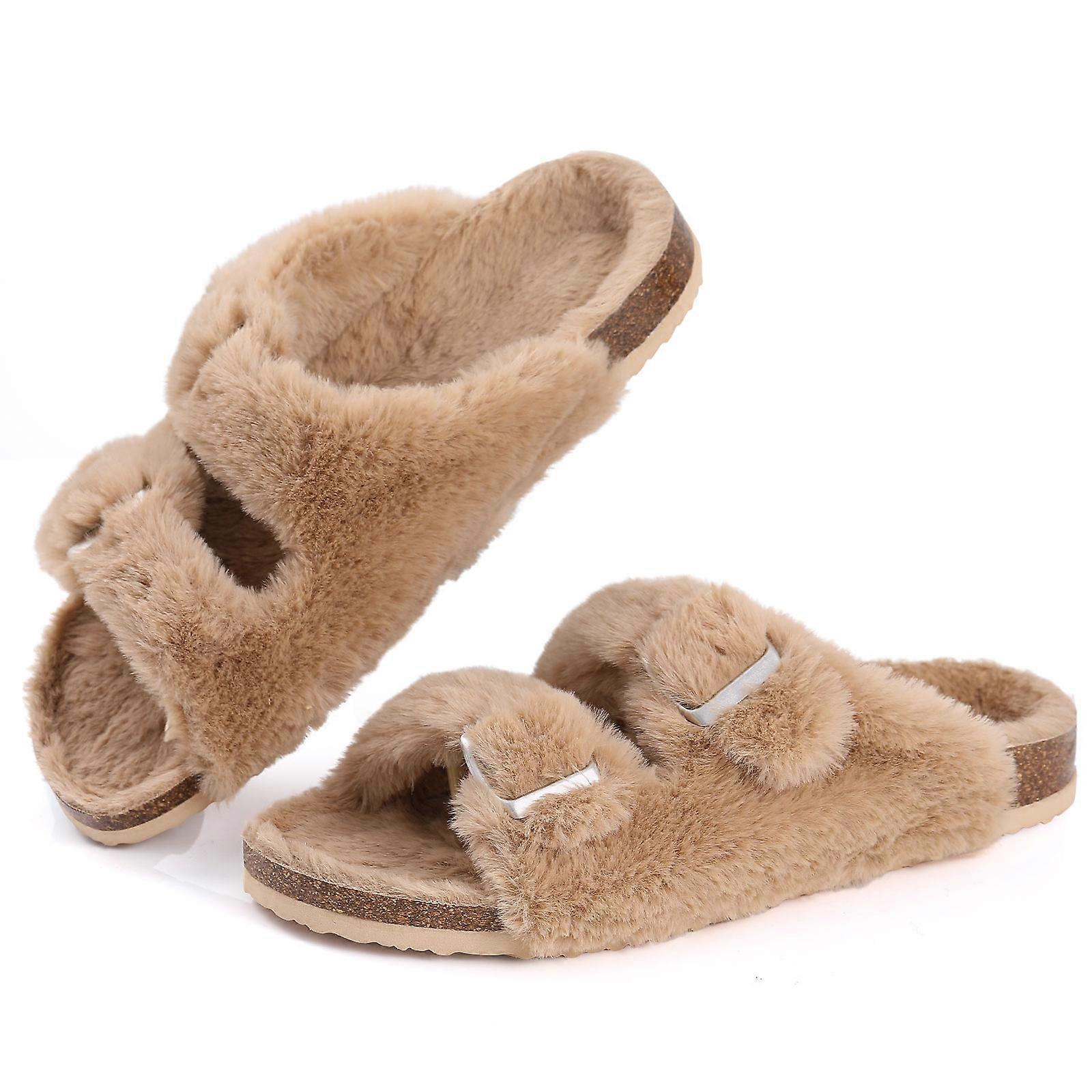 Fuzzy Slippers Women Cork Footbed Fluffy Slide Sandals Open Toe