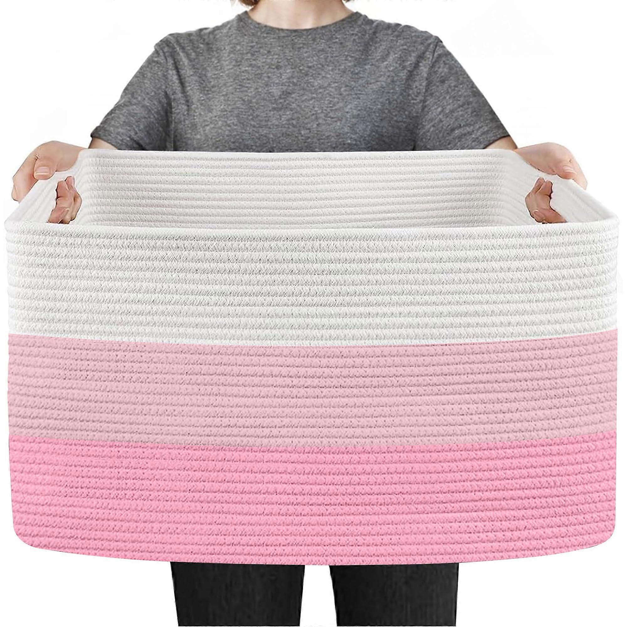 Large Pink Woven Cotton Rope Baskets 23.6" x 15.7" x 14.1" for Organizing, Soft Toy Bin with Handles for Nursery Storage