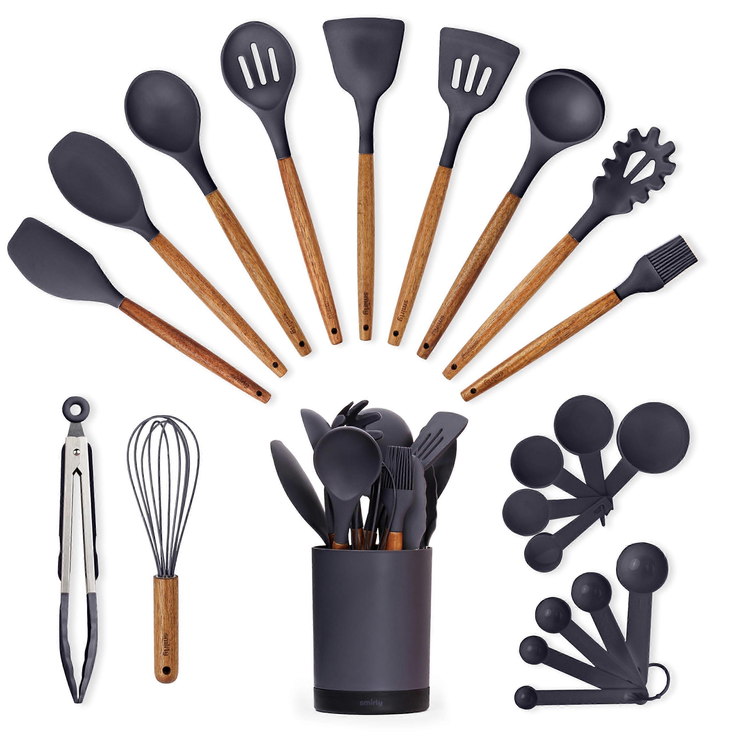 Silicone Kitchen Utensils Set & Holder, Spatula And Spoon Set For Nonstick Cookware, Acacia Wood Handles, Grey New Home