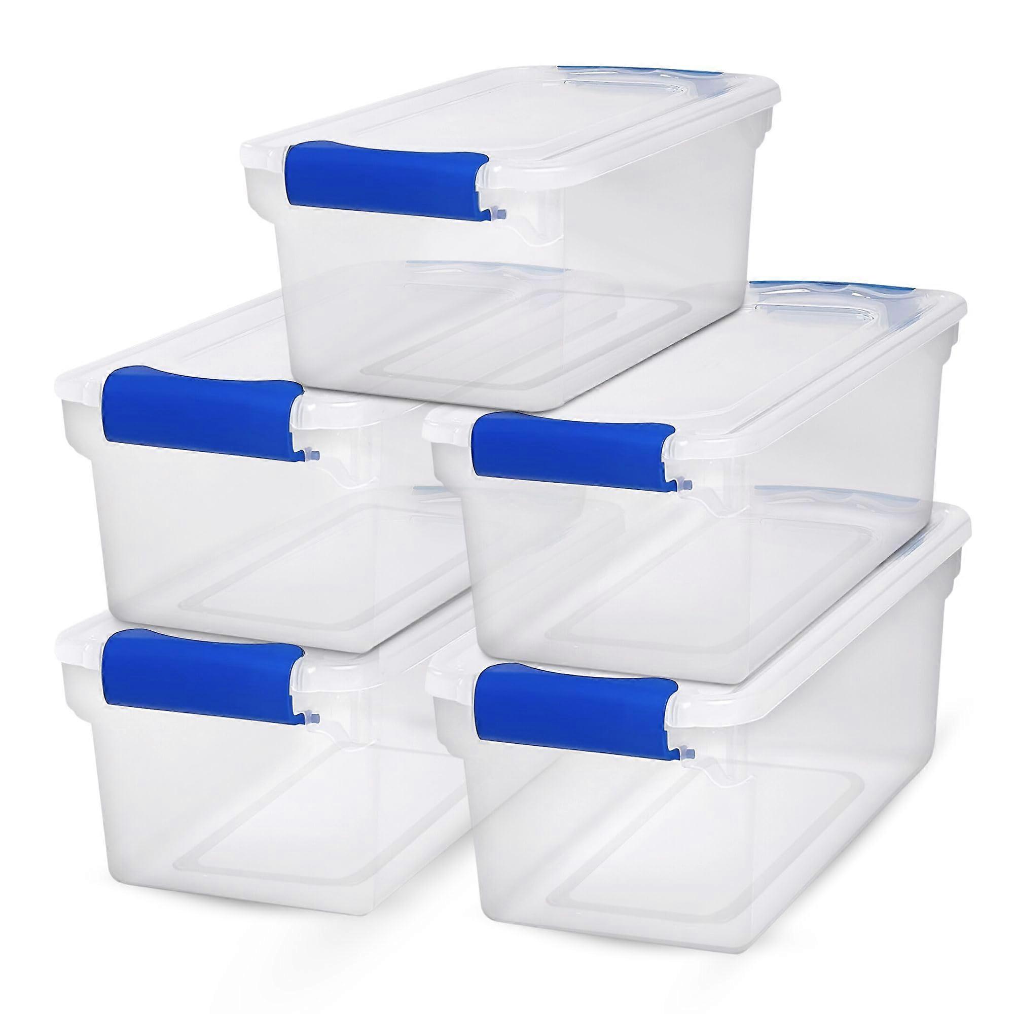 5-Pack Small Clear Plastic Storage Bins with Latching Lids, 7.5 Quart Capacity, Blue Latch Bins for Organization