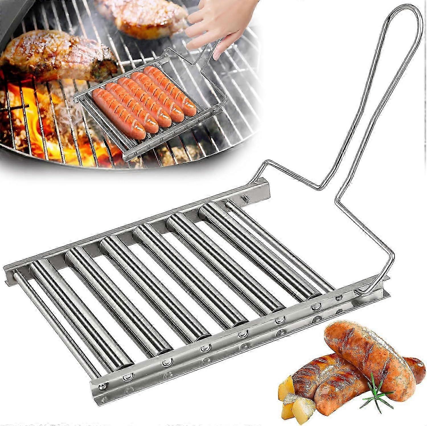 Pølserullestativ i rustfrit stål til grill, pølserullestativ i rustfrit stål med ekstra langt håndtag, BBQ hotdoggriller til jævnt kogte hotdogs