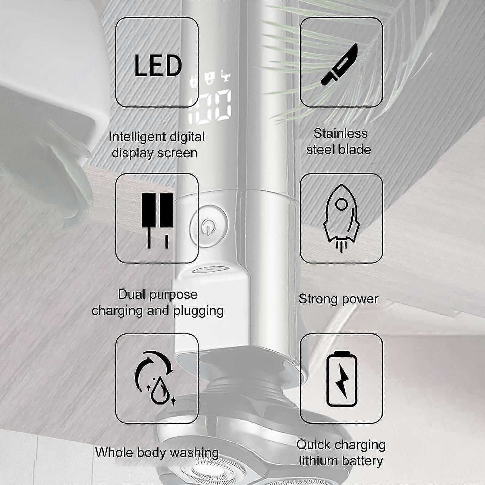 ZCB104 Men's Electric Shaver Floating 3 Blade Heads LED Intelligent Digital Display Blade Head Washable Built-in 600mAh Battery USB Charging Dual-purp