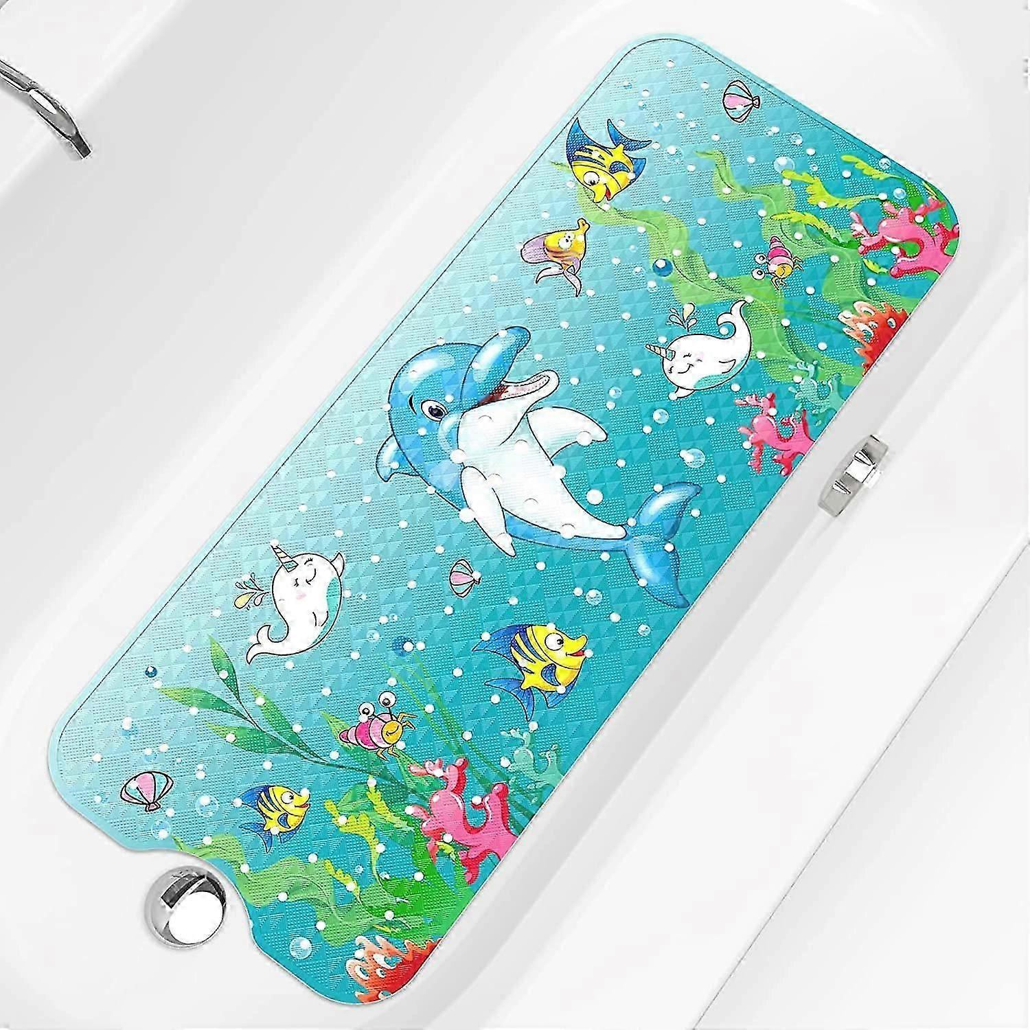 子供のための40cm * 100cm滑り止めバスマット - ES バスタブ用特大漫画ベビーバスマット、ドルフィンプリント滑り止めシャワーマット、吸盤とドレンホー付き