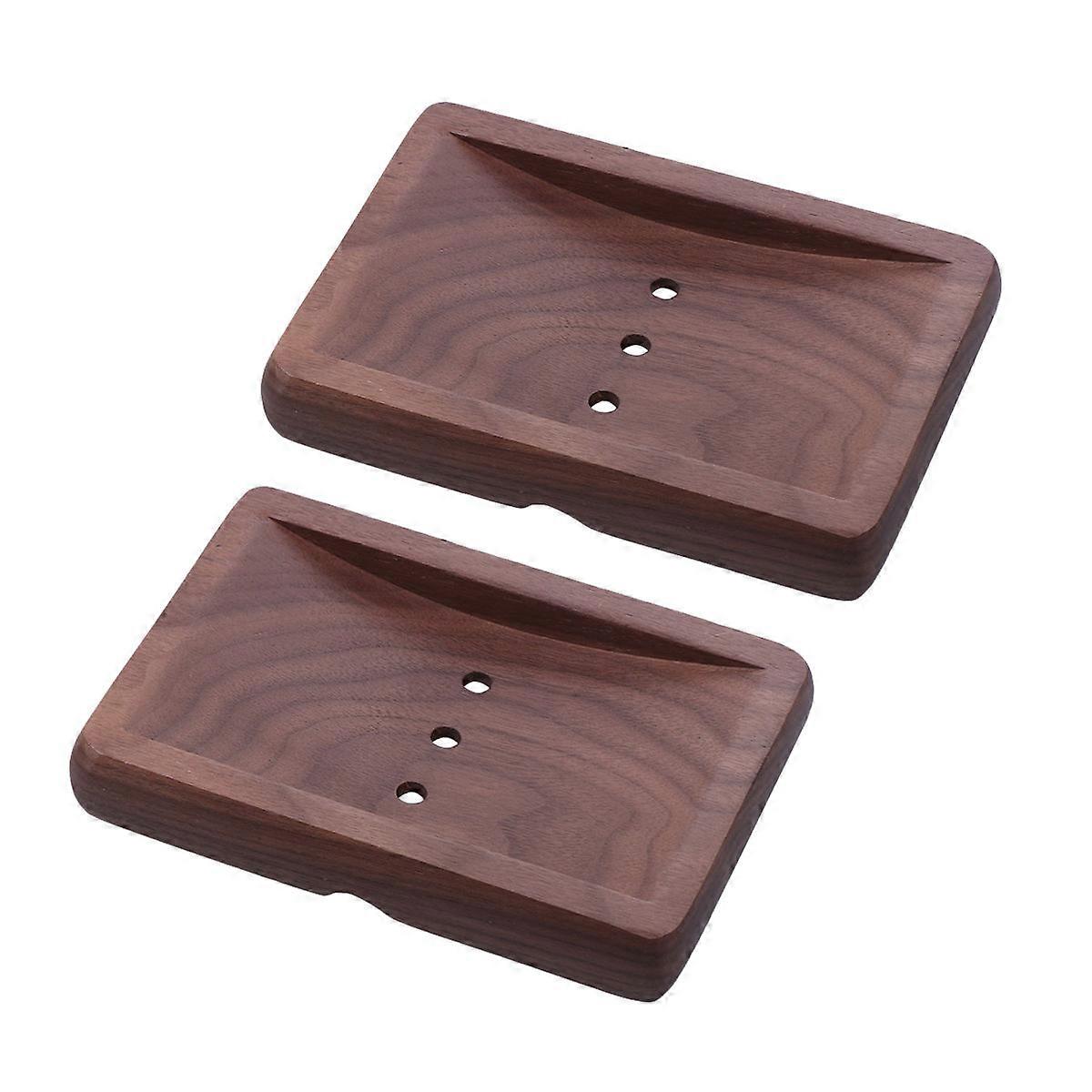 Portable Soap Case with Drain Walnut Wood Dish Rectangular Simple Style for Bathroom 10*14cm Drainage 2Pcs