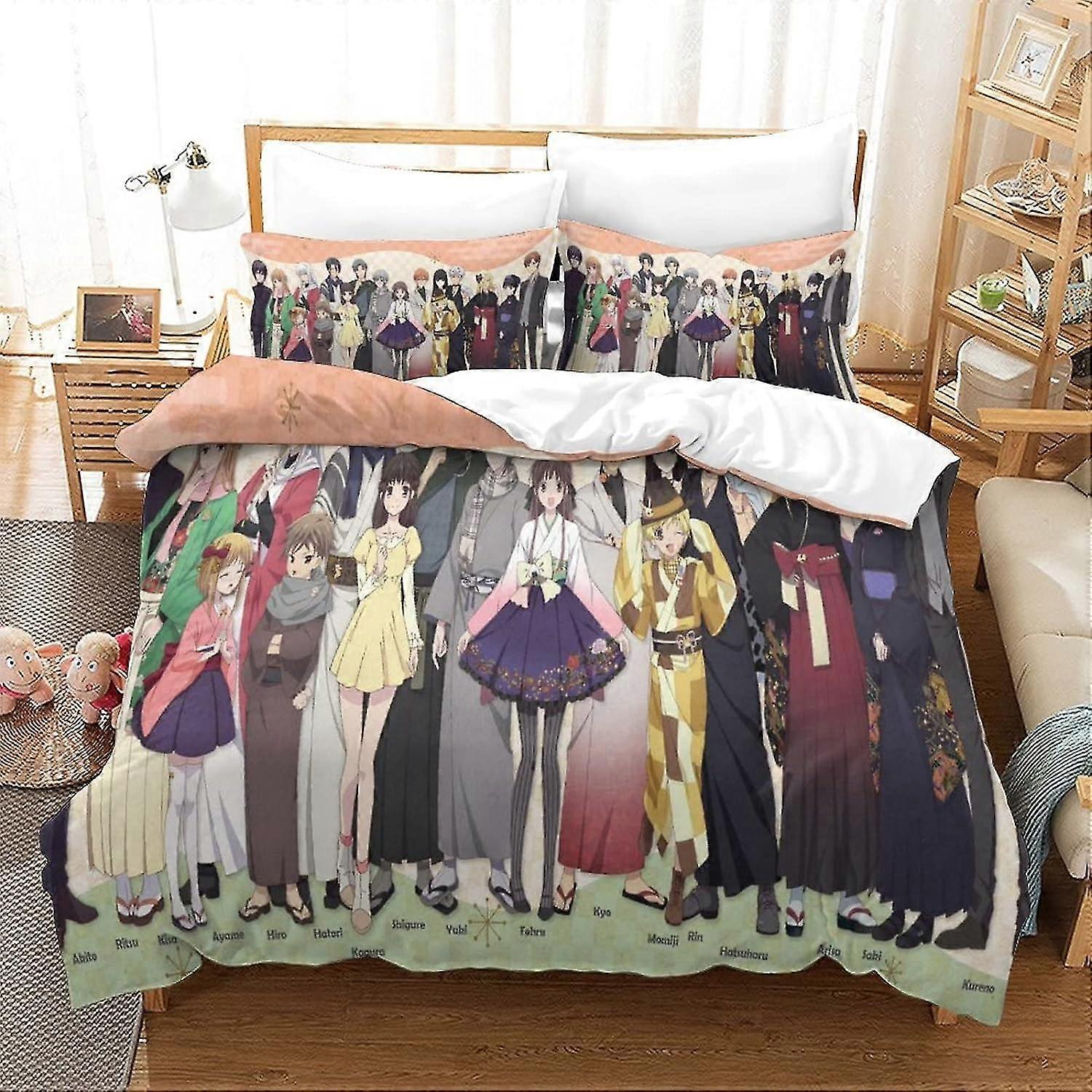 Kids Anime-Inspired Bedding Set with Cherry Blossom Design Featuring Animated Characters for Girls