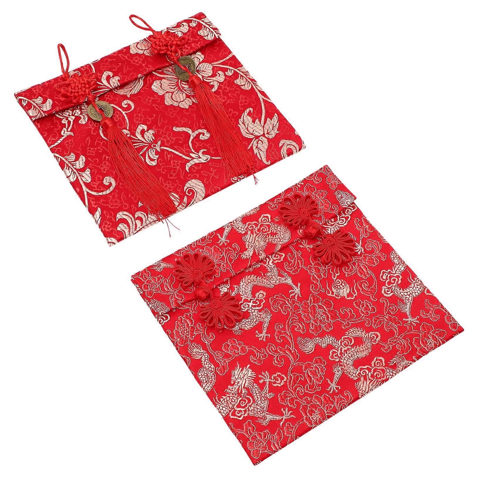 2 pieces silk envelopes with dragon pattern, traditional red envelopes for weddings