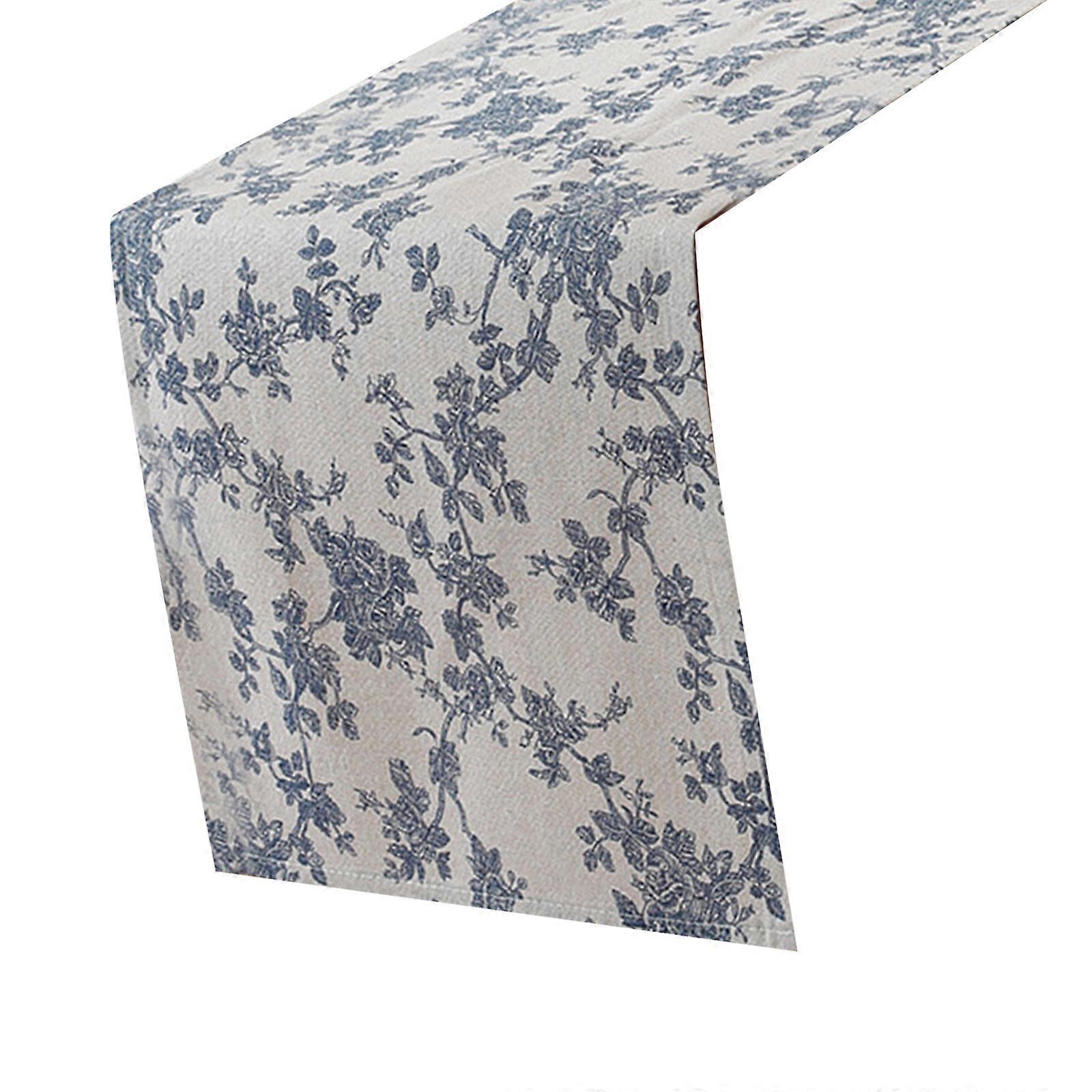 Chinese Inspire Blue Tablecloth Cotton Linen Mixed Wrinkleproof Machine Washable Suitable for Rectangular Tables  D