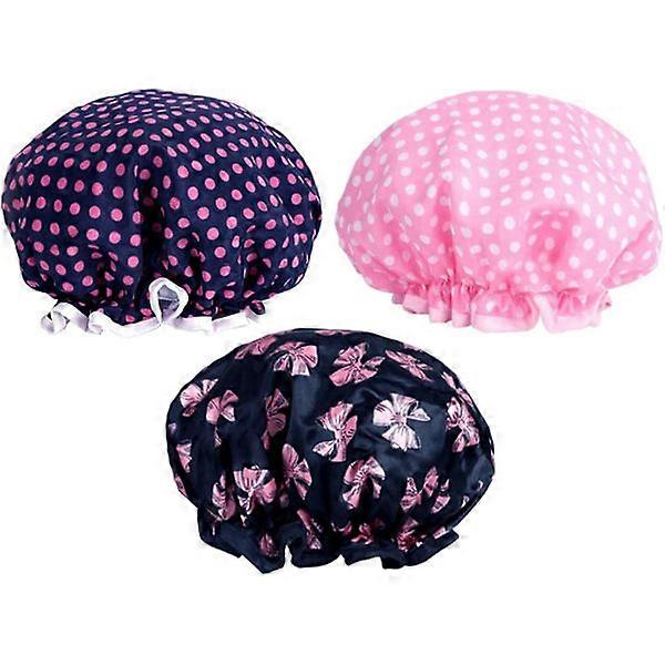 3-pack double-layer shower cap waterproof elastic bath cap for women