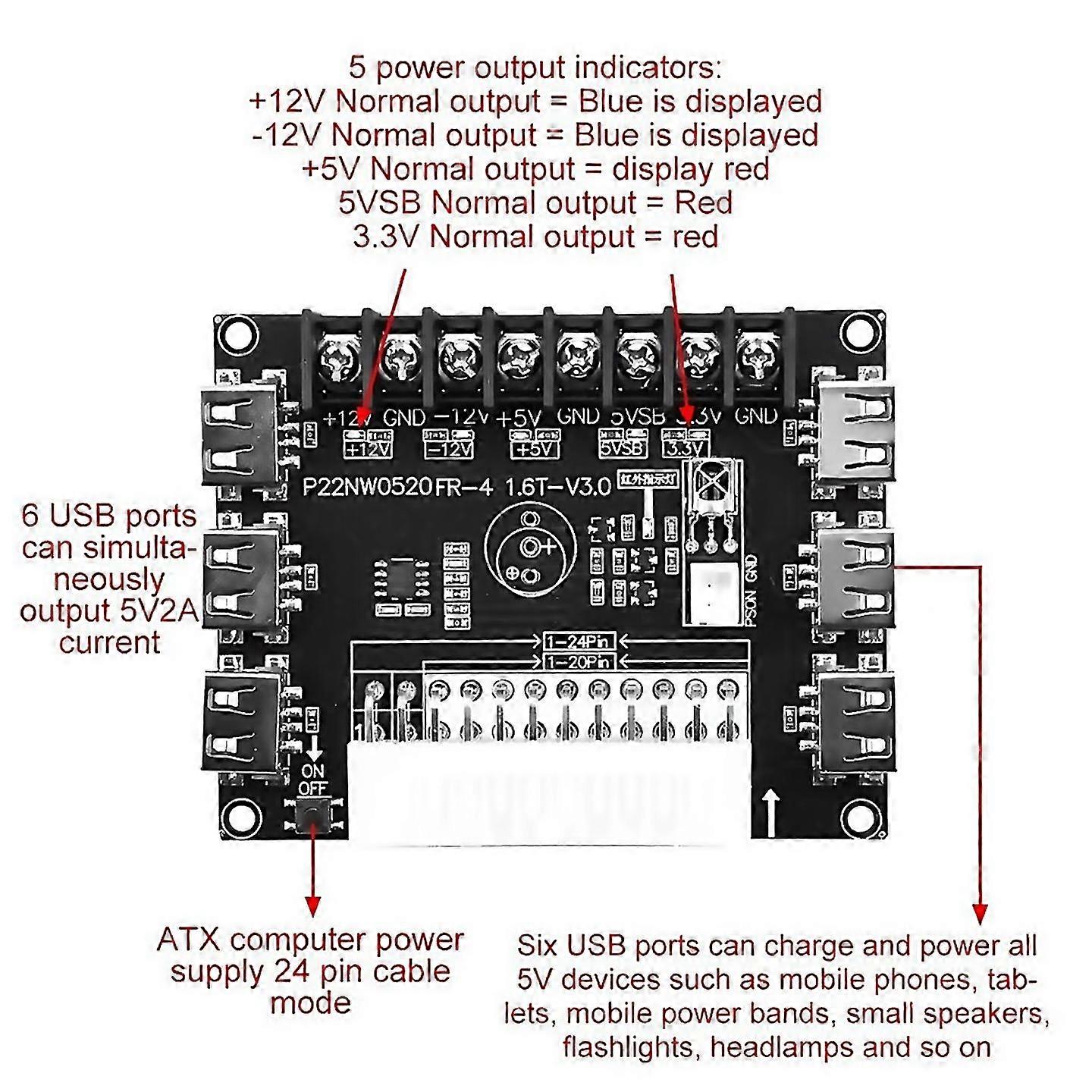 For 24 Pin20pin Atx Power Supply Breakout Board Module With Case