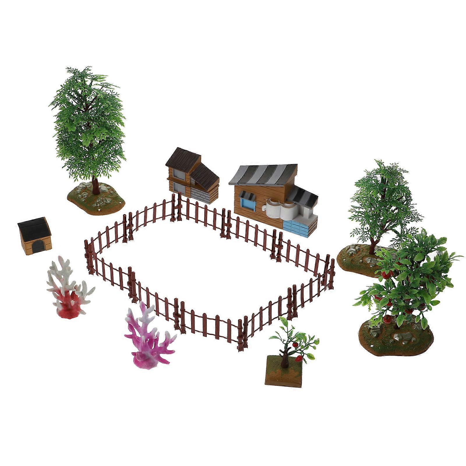 1 Set Mini Farmhouse Scene Model with Green Plant Dog House and Fence