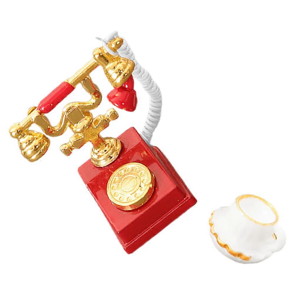 Vintage Miniature Telephone Cup Set Dollhouse Home Decoration Red Alloy Resin Model 1 Set