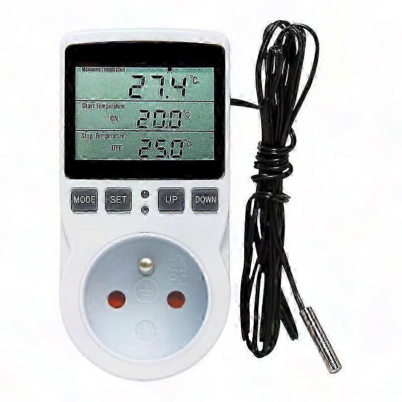 Digital Thermostat Socket with Probe for Heating & Cooling, LCD Temperature Controller Timer, White, 17x6x7cm