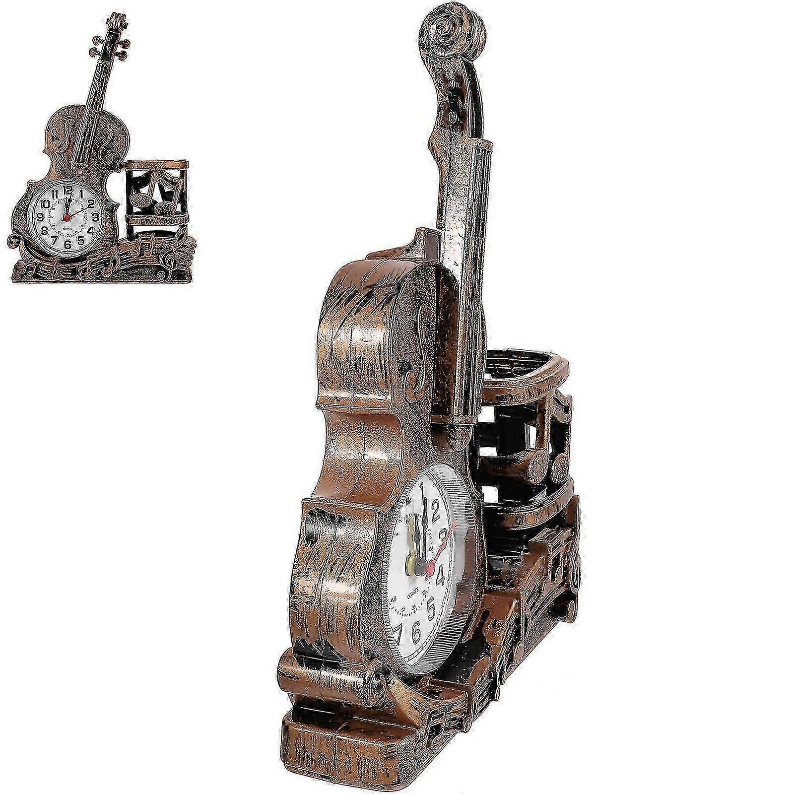 Charming Tabletop Violin Clock with Pen Holder - Elegant Golden Des...